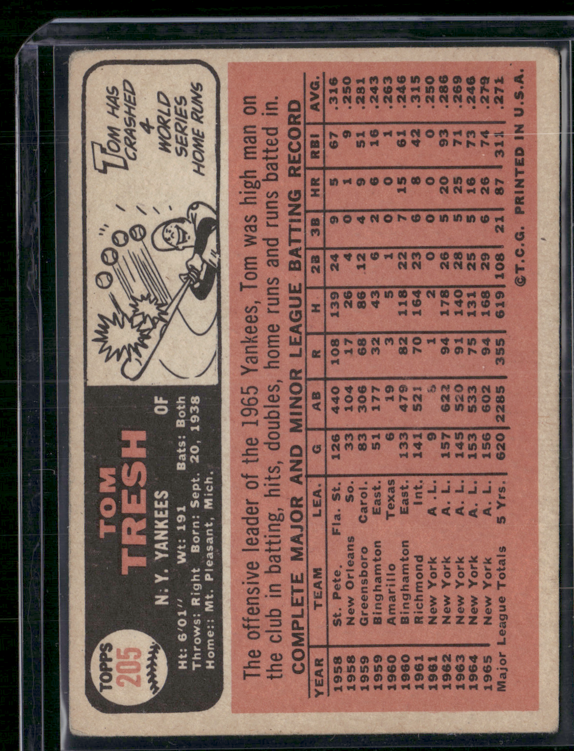 1966 Topps TOM TRESH #205 Toning Light Wrinkle (VG)