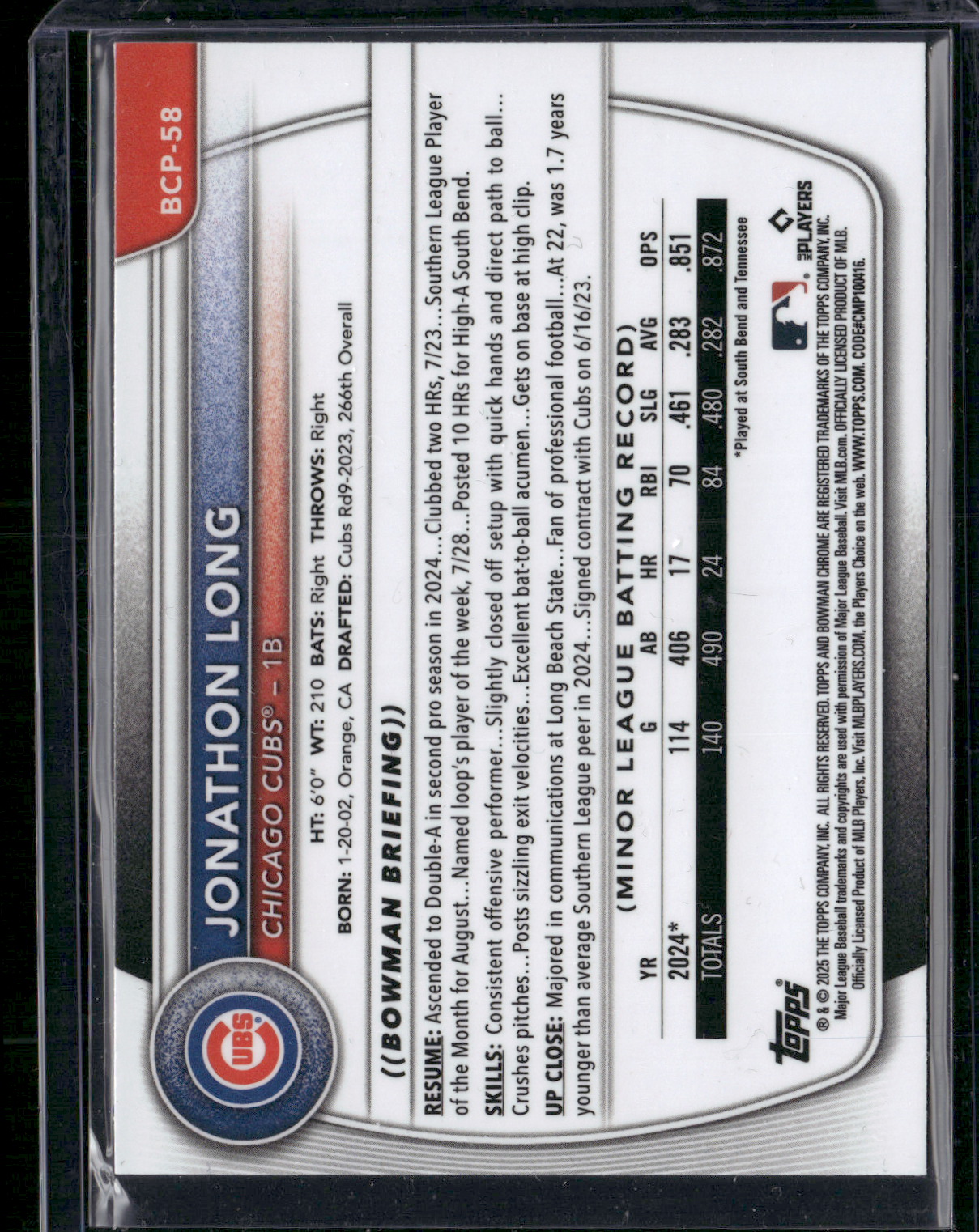 2025 Chrome JONATHON LONG #BCP-58 1st Bowman (NM)