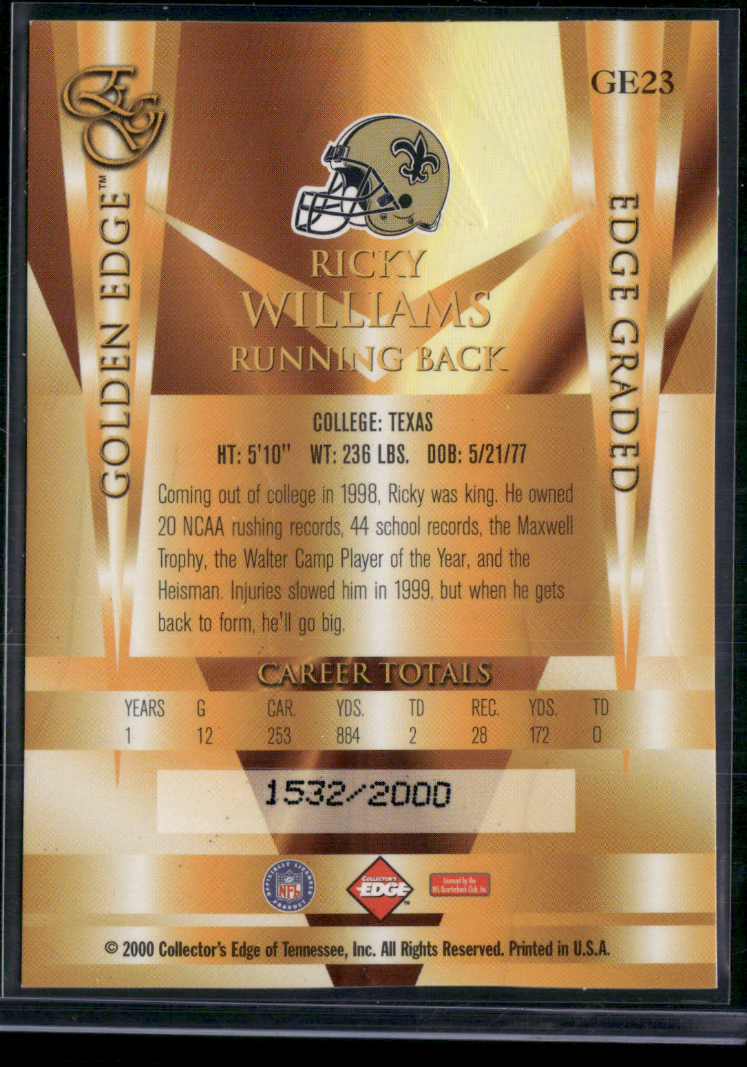 2000 Edge Graded Ricky Williams #GE23 Golden Edge 1532/2000 (NM)