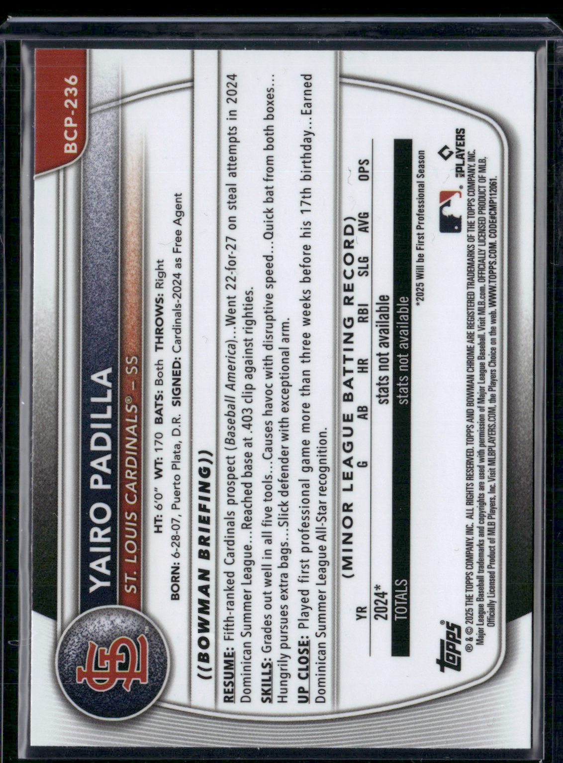 2025 Bowman Chrome YAIRO PADILLA #BCP-236 Chrome 1st Bowman