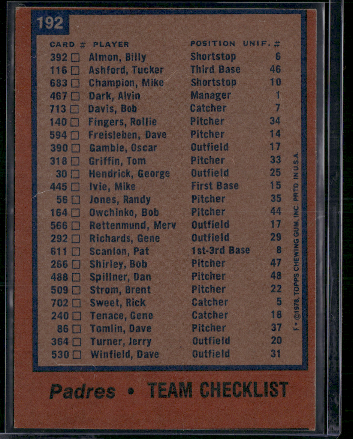 1978 Topps SAN DIEGO PADRES #192 Print Snow (EX)