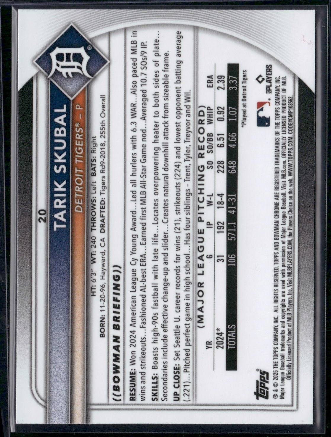 2025 Bowman TARIK SKUBAL #20 Chrome Mojo
