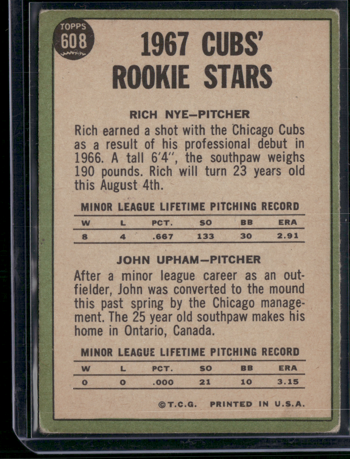 1967 Topps RICH NYE/JOHN UPHAM #608 1967 Cubs Rookie Stars Wax Stain (VG-VG/EX)