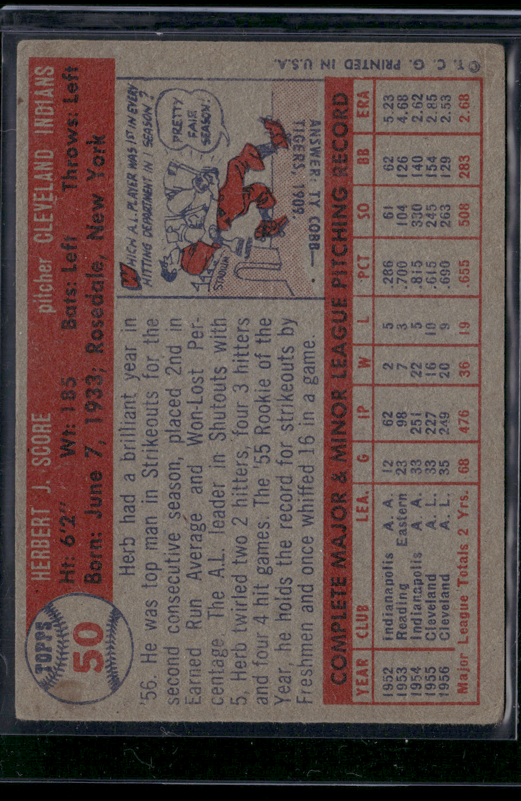 1957 Topps HERB SCORE #50 Stain on back (Good)