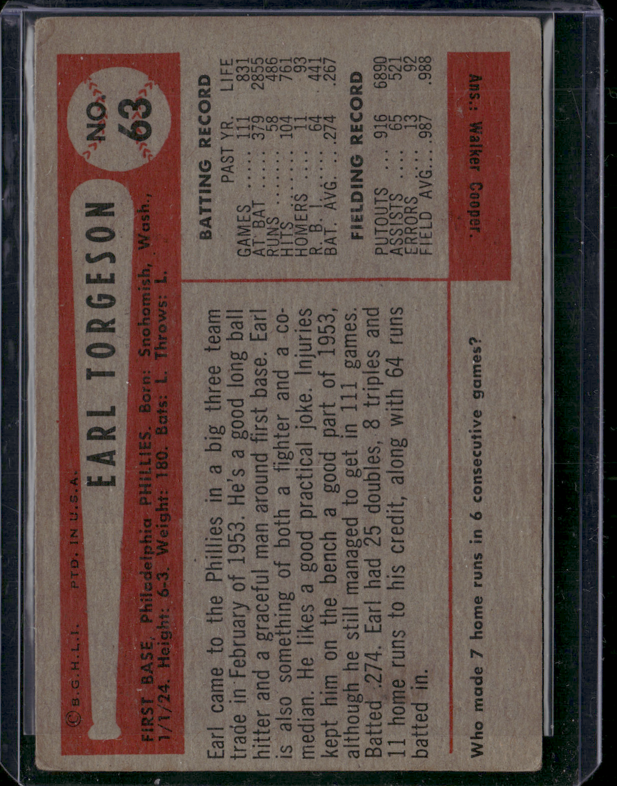 1954 Bowman EARL TORGESON #63 Light stain on back (VG/EX)