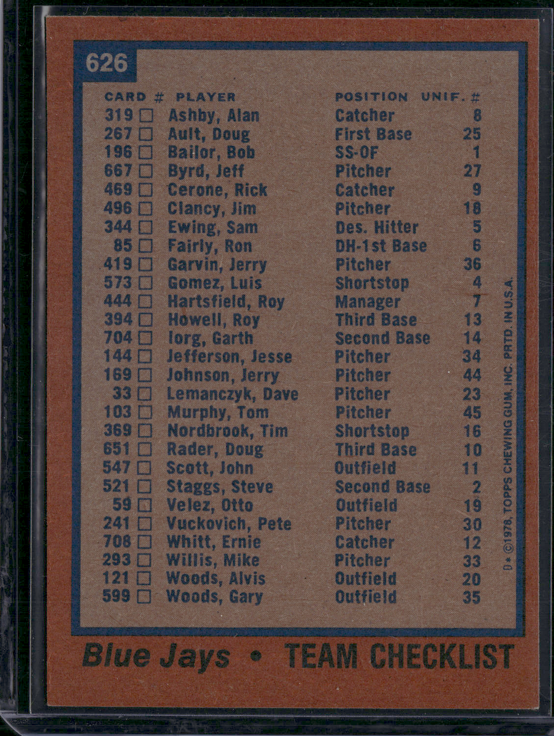1978 Topps TORONTO BLUE JAYS #626 (EX-EX/MT)