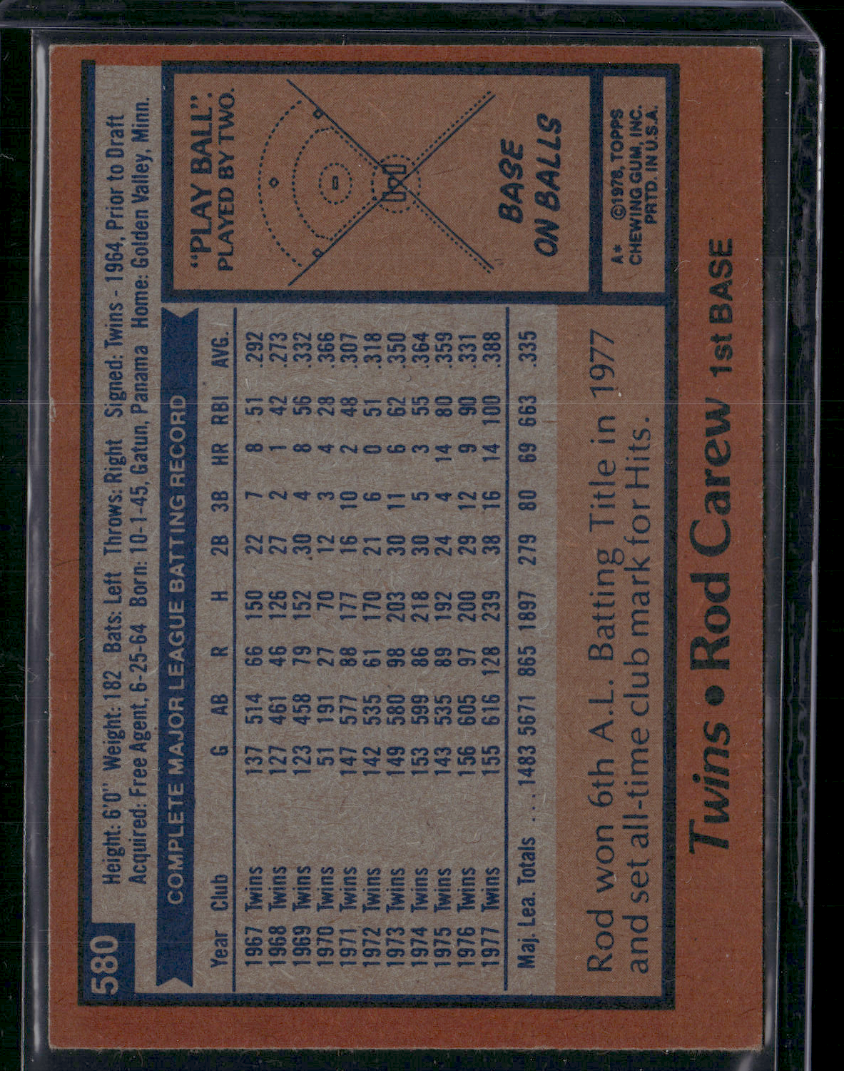 1978 Topps ROD CAREW #580 (EX-EX/MT)