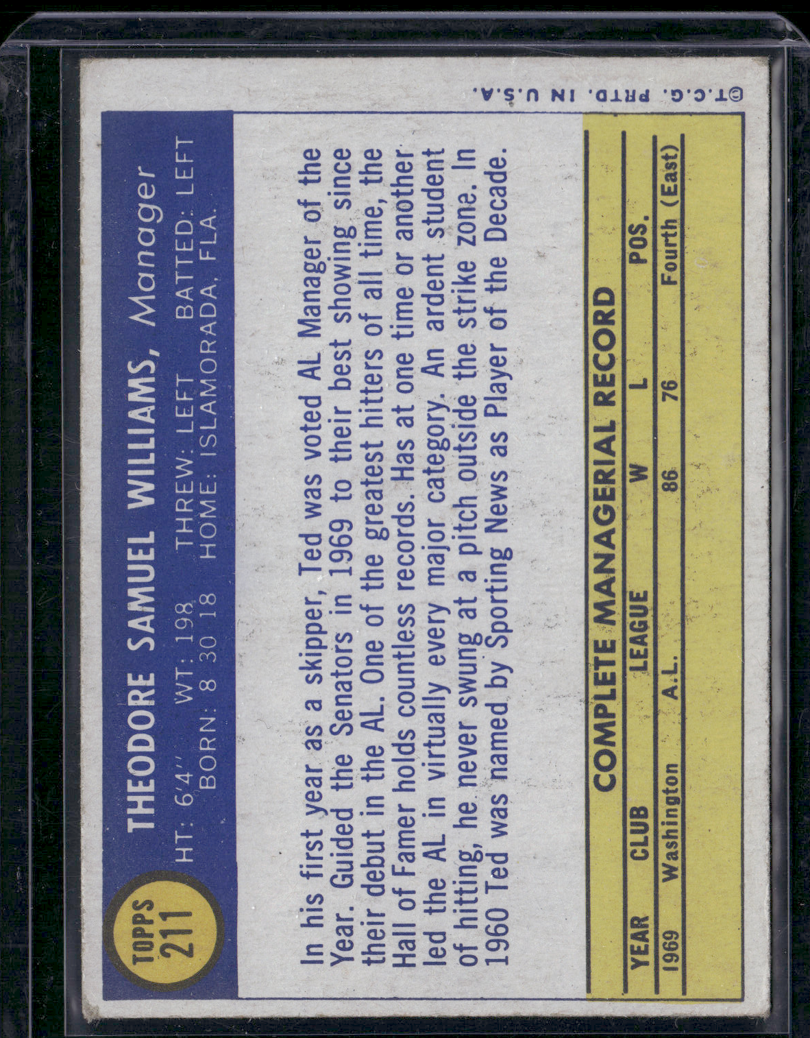1970 Topps TED WILLIAMS #211 Dent on Bottom Edge (Good)