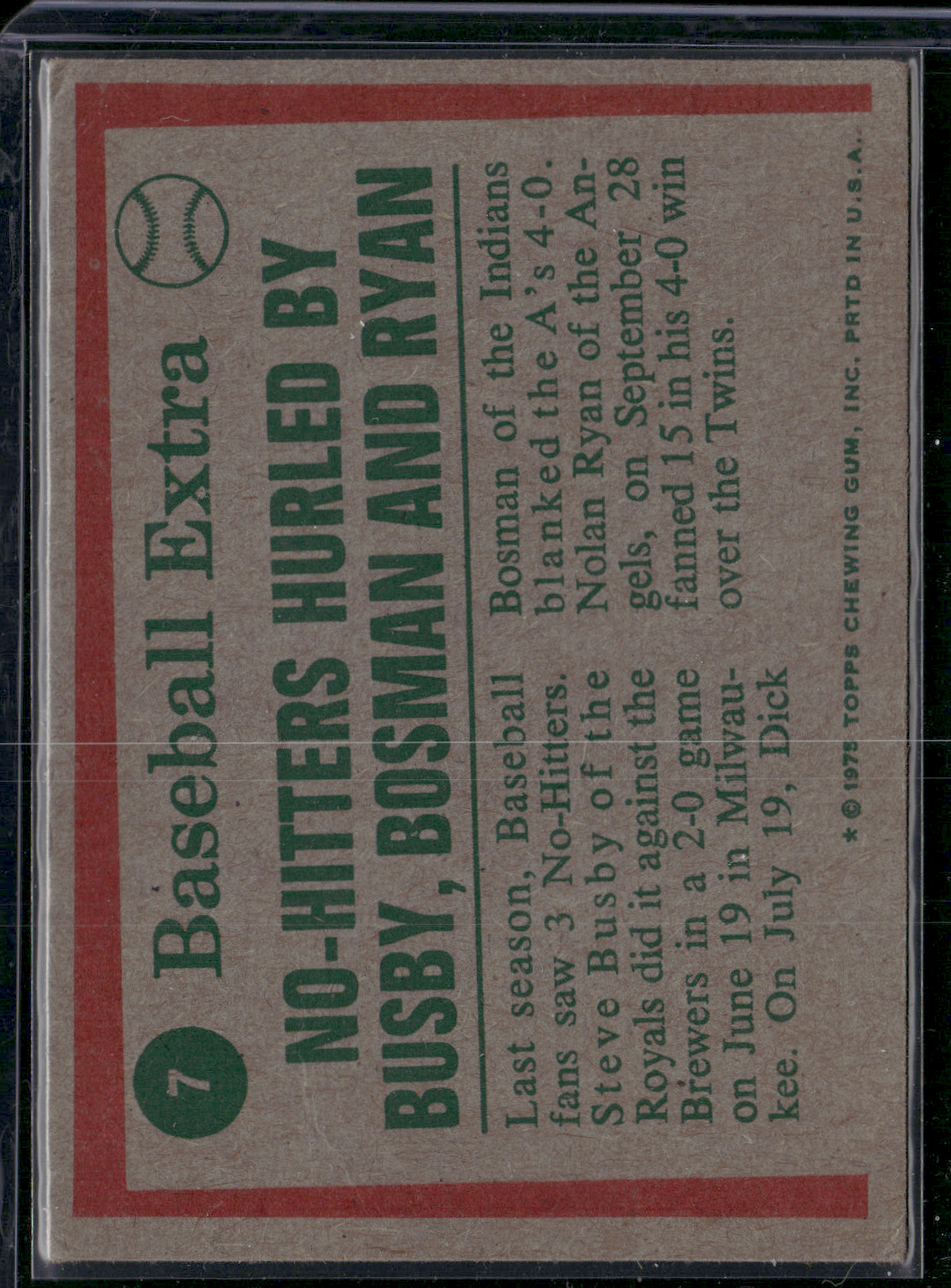 1975 Topps NOLAN RYAN/BUSBY/BOSMAN #7 74 Highlights Light Wax Stain (VG)