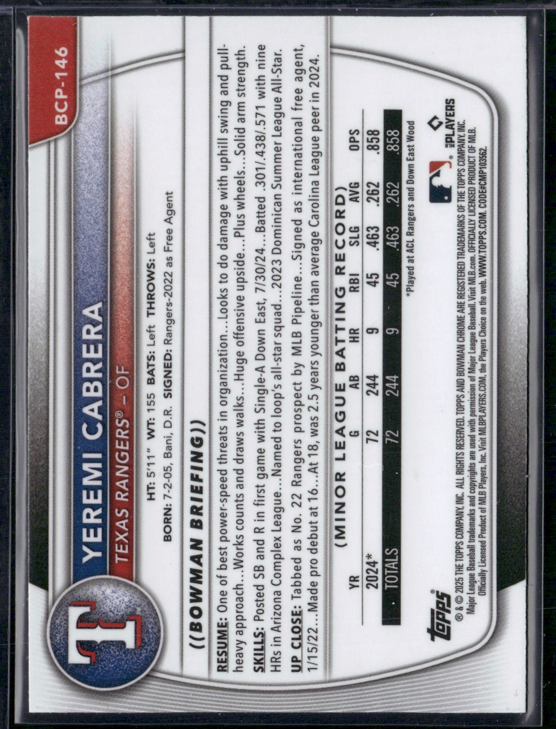 2025 Bowman YEREMI CABRERA #BCP-146 Chrome Mojo 1st Bowman