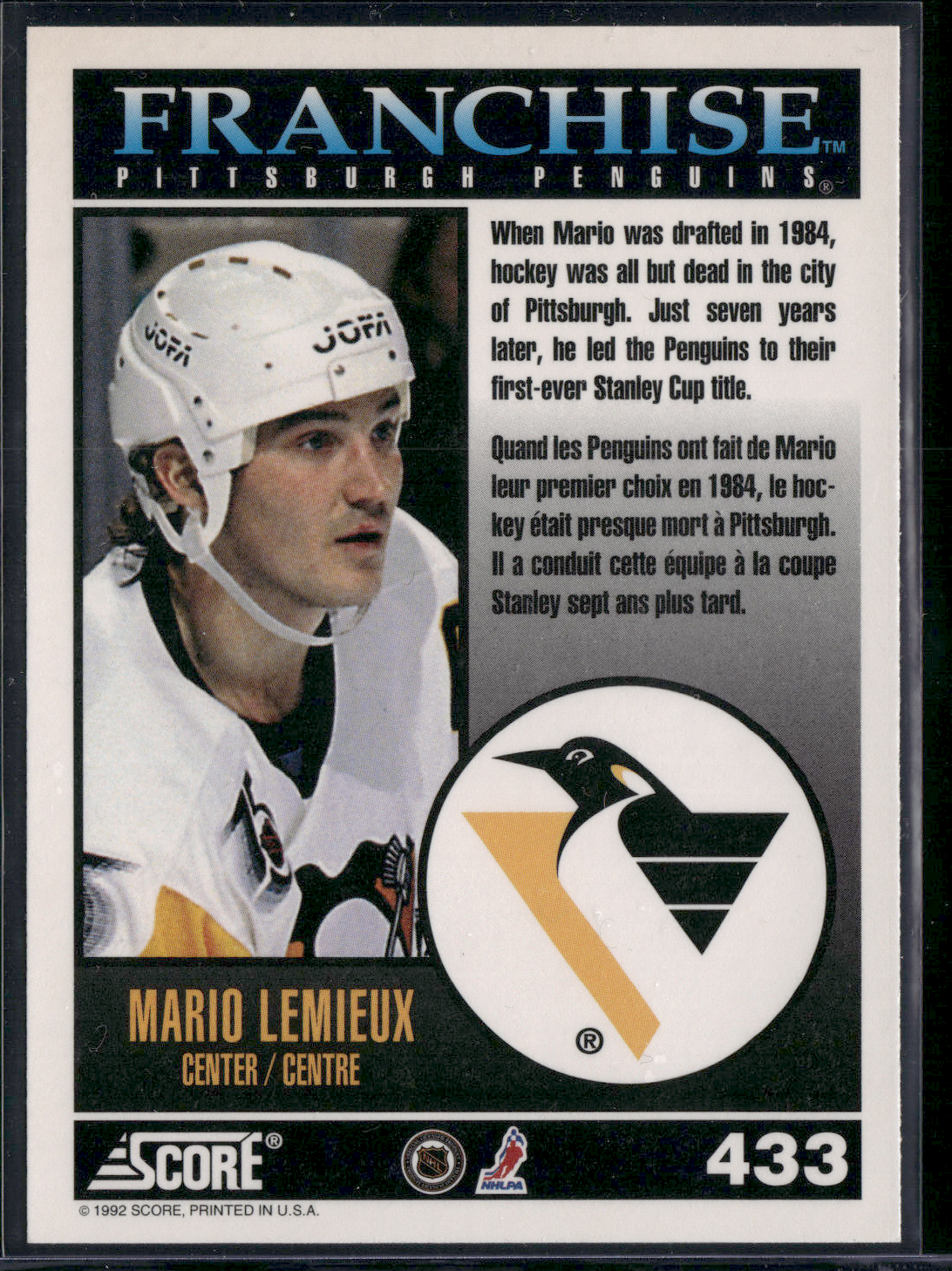 1992 Score MARIO LEMIEUX #433 The Franchise (EX/MT)