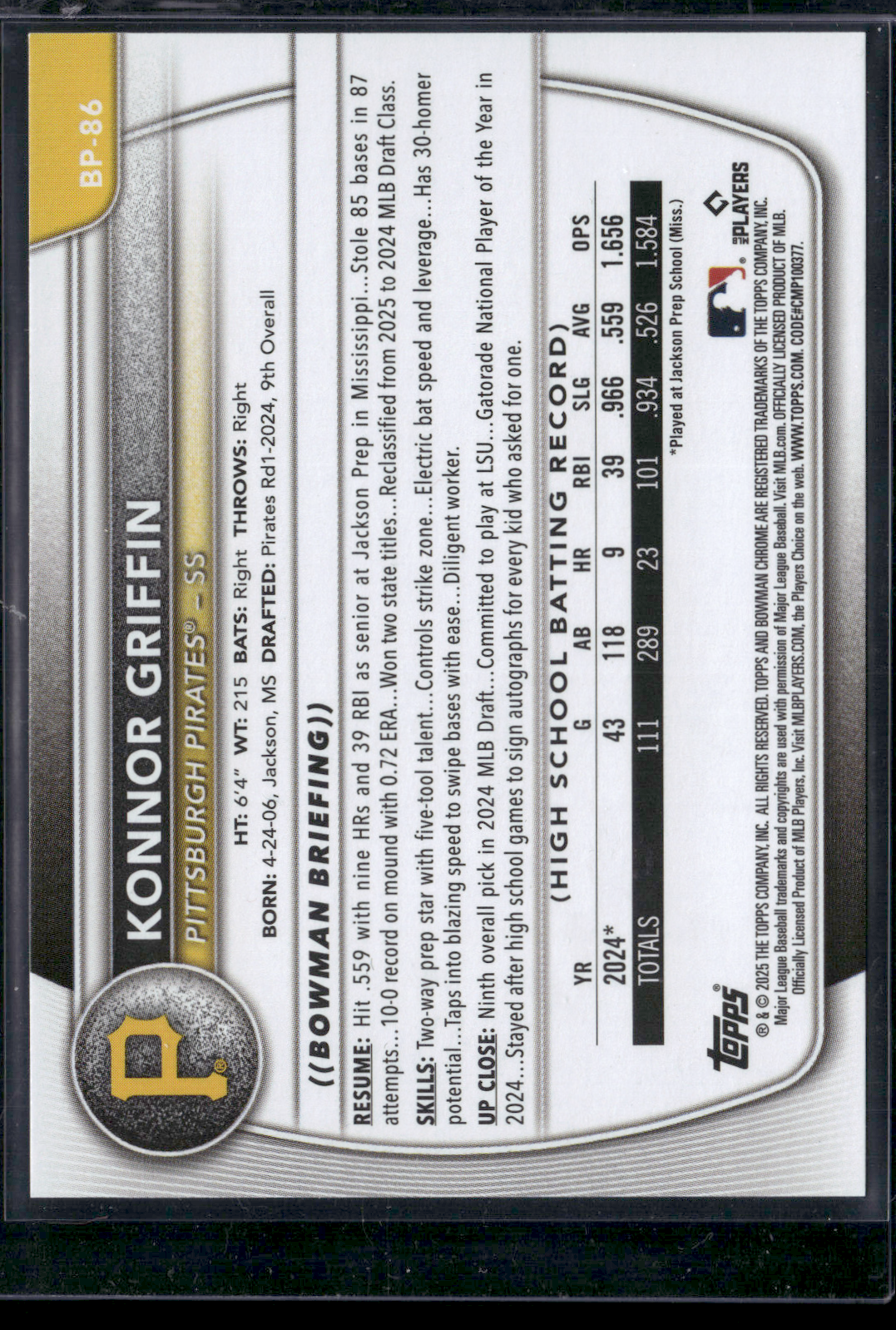 2025 Bowman KONNOR GRIFFIN #BP-86