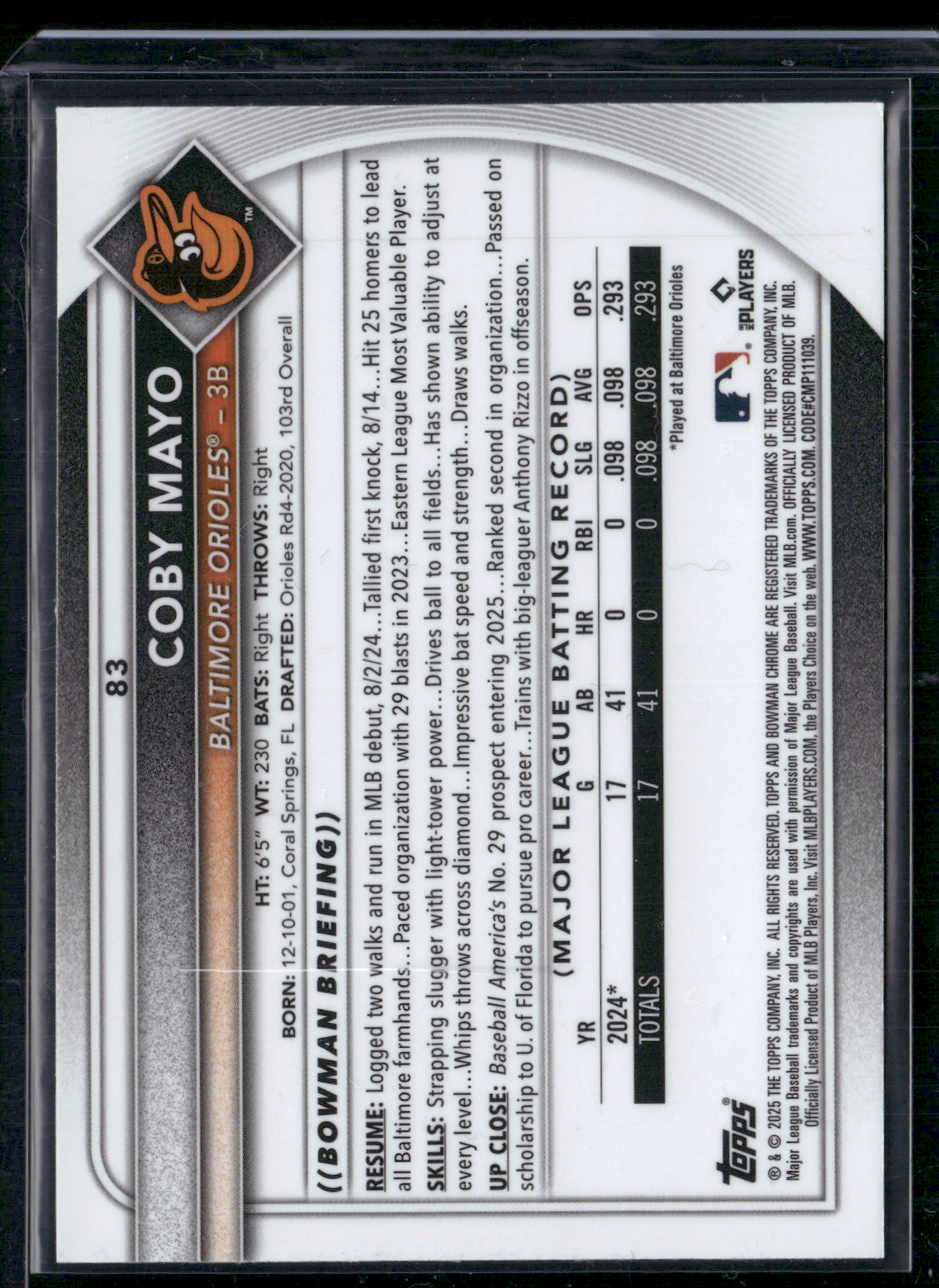 2025 Bowman Chrome COBY MAYO #83 Mega Rookie Card RC