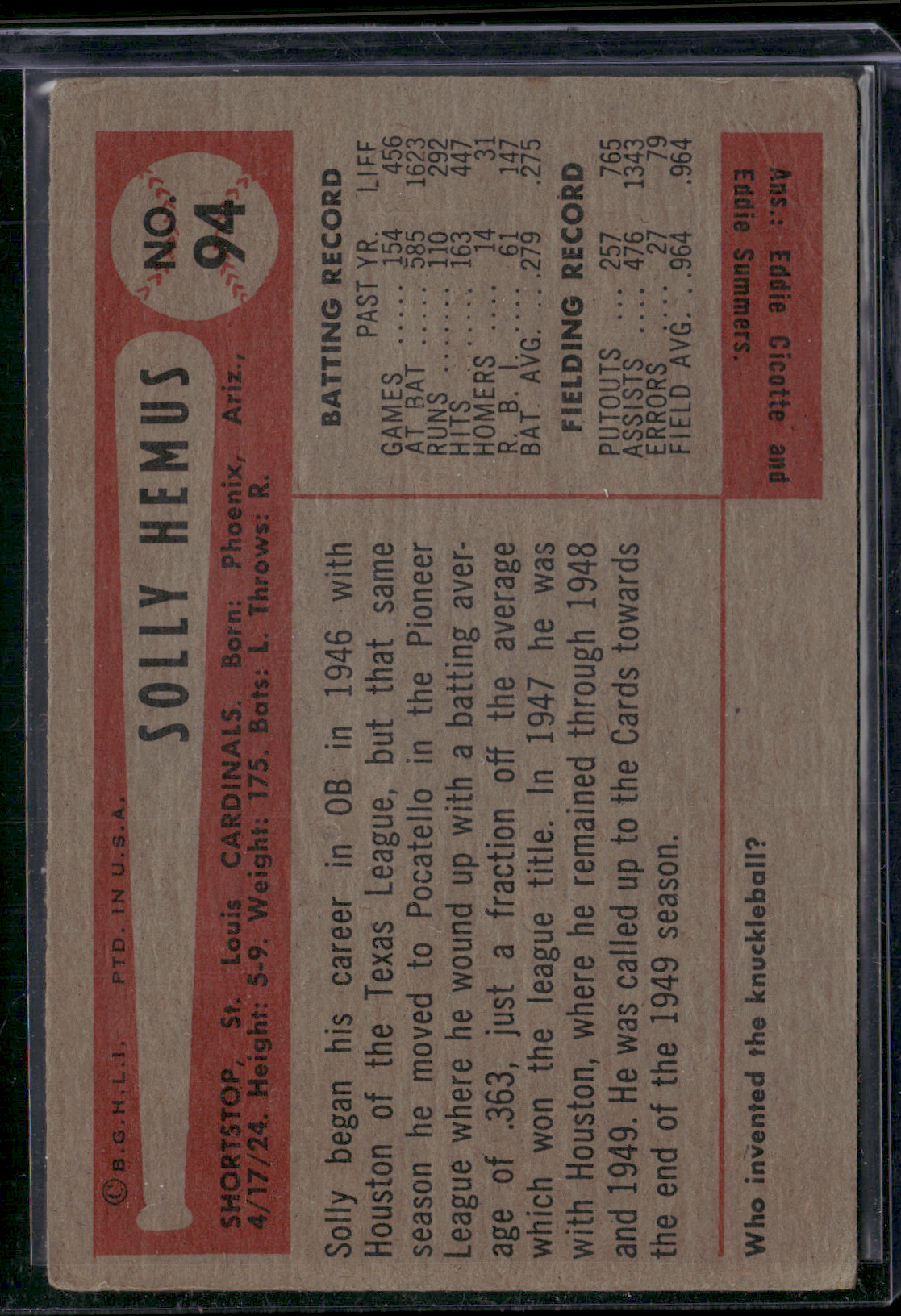 1954 Bowman SOLLY HEMUS #94 Slight Edge Crush (VG)
