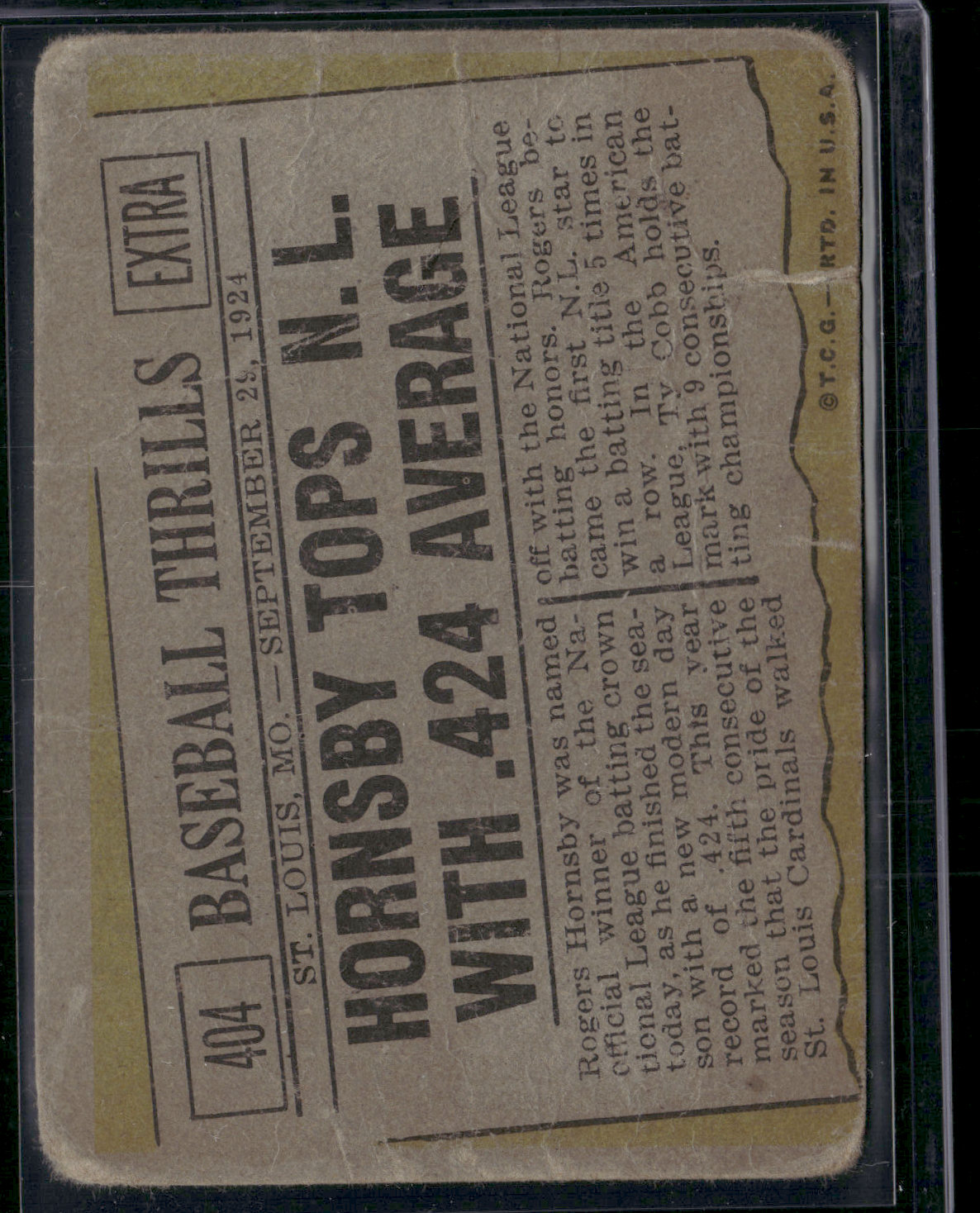 1961 Topps ROGERS HORNSBY -BASEBALL THRILLS #404 Hornsby Tops NL With .424(Fair)