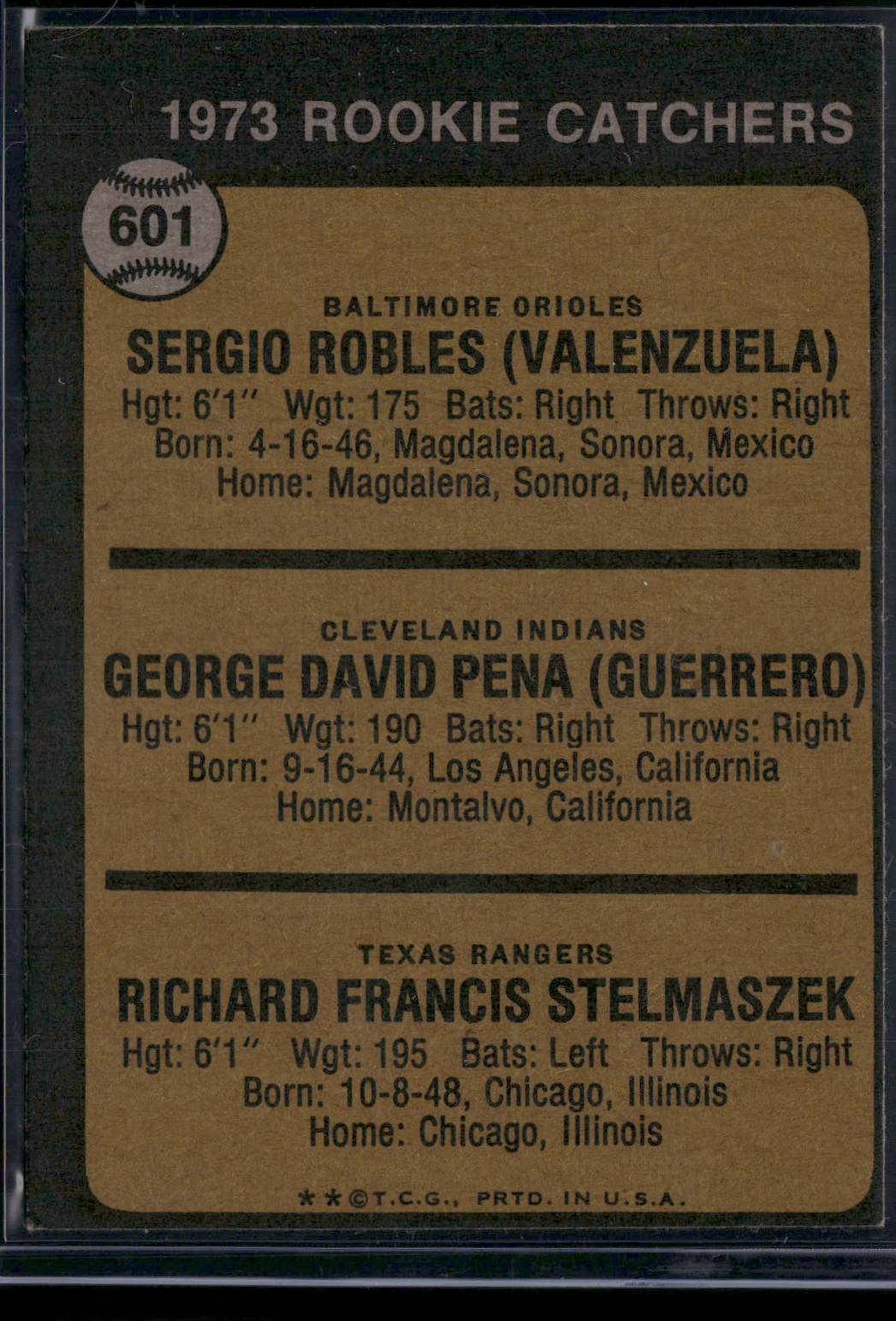 1973 Topps ROBLES/PENA/STELMASZEK #601 1973 Rookie Catchers (VG/EX)