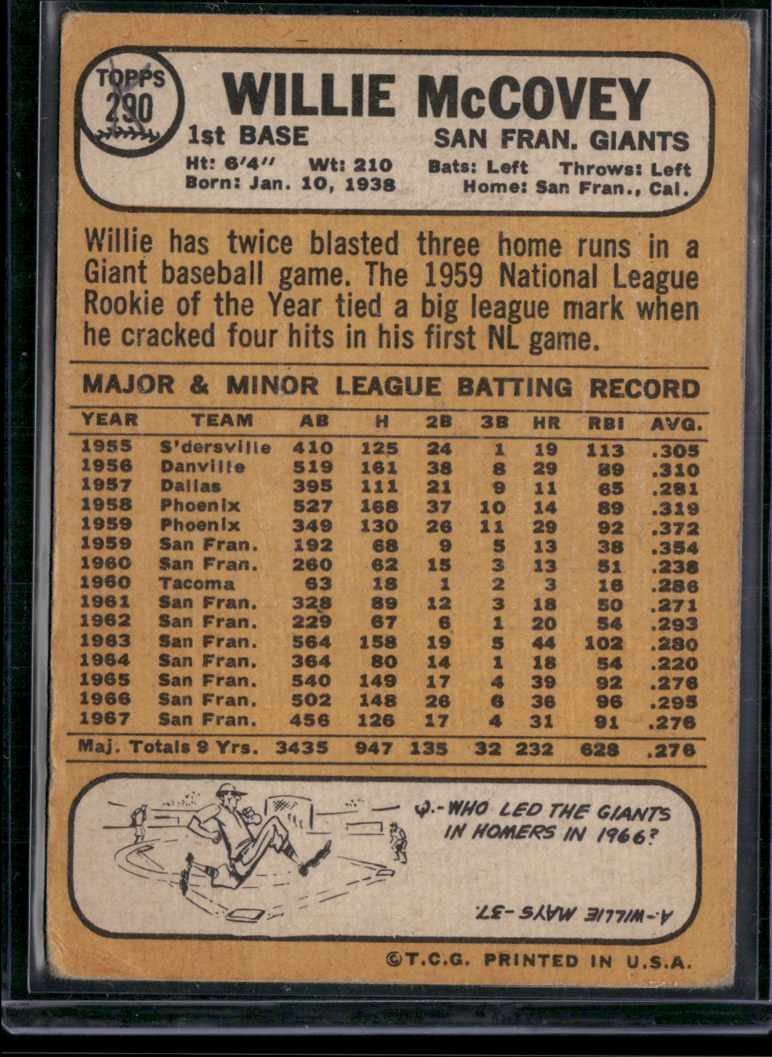 1968 Topps WILLIE MCCOVEY #290 Pencil on Back Toning Light Wrinkle (VG)