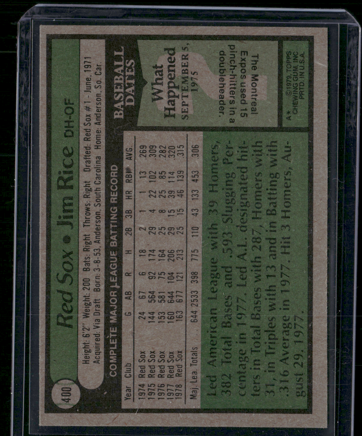 1979 Topps JIM RICE #400 Print Snow (EX)