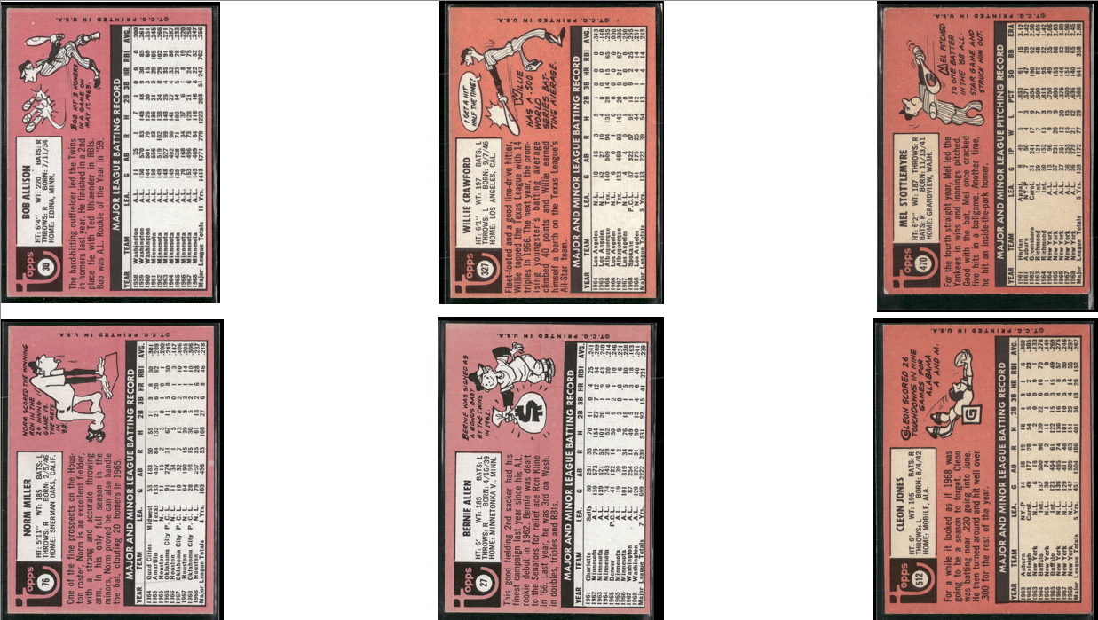 1969 Topps - 6 CARDLOT (VG-VG/EX)