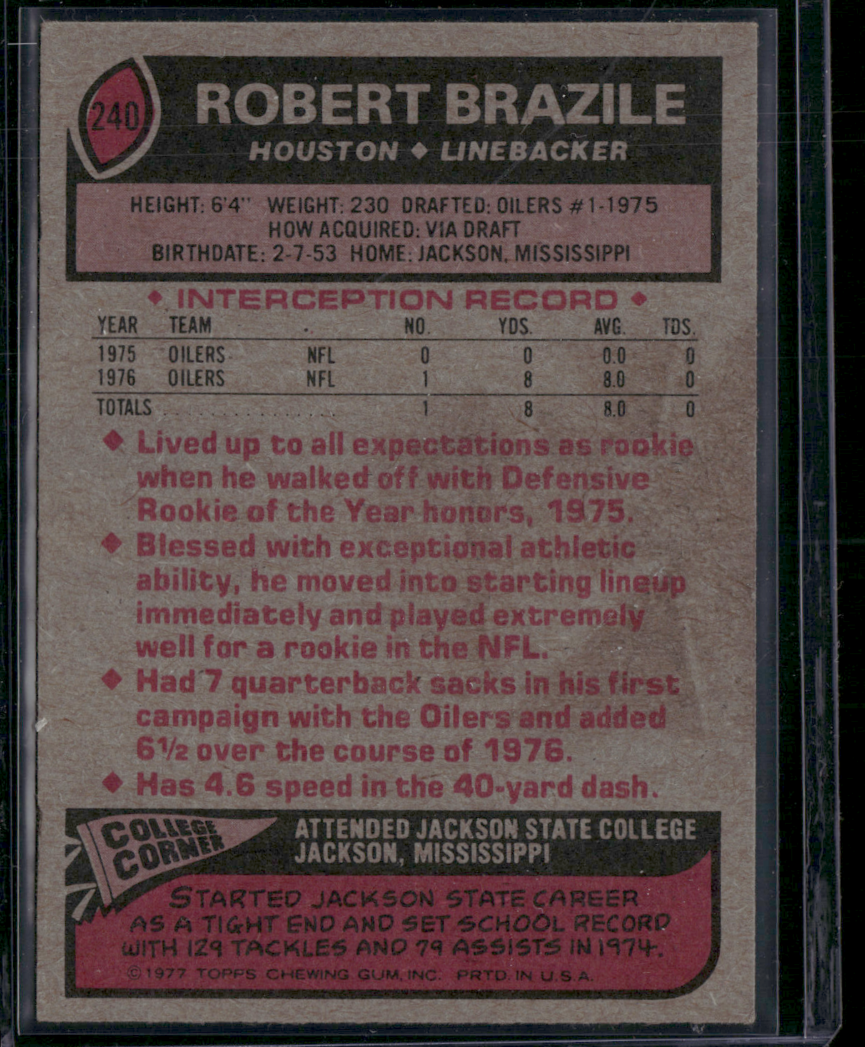 1977 Topps ROBERT BRAZILE #240 Stain on Back (EX)