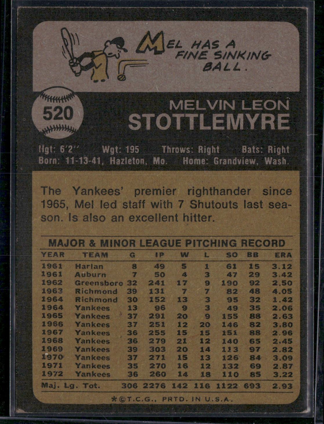 1973 Topps MEL STOTTLEMYRE #520 (VG/EX-EX)