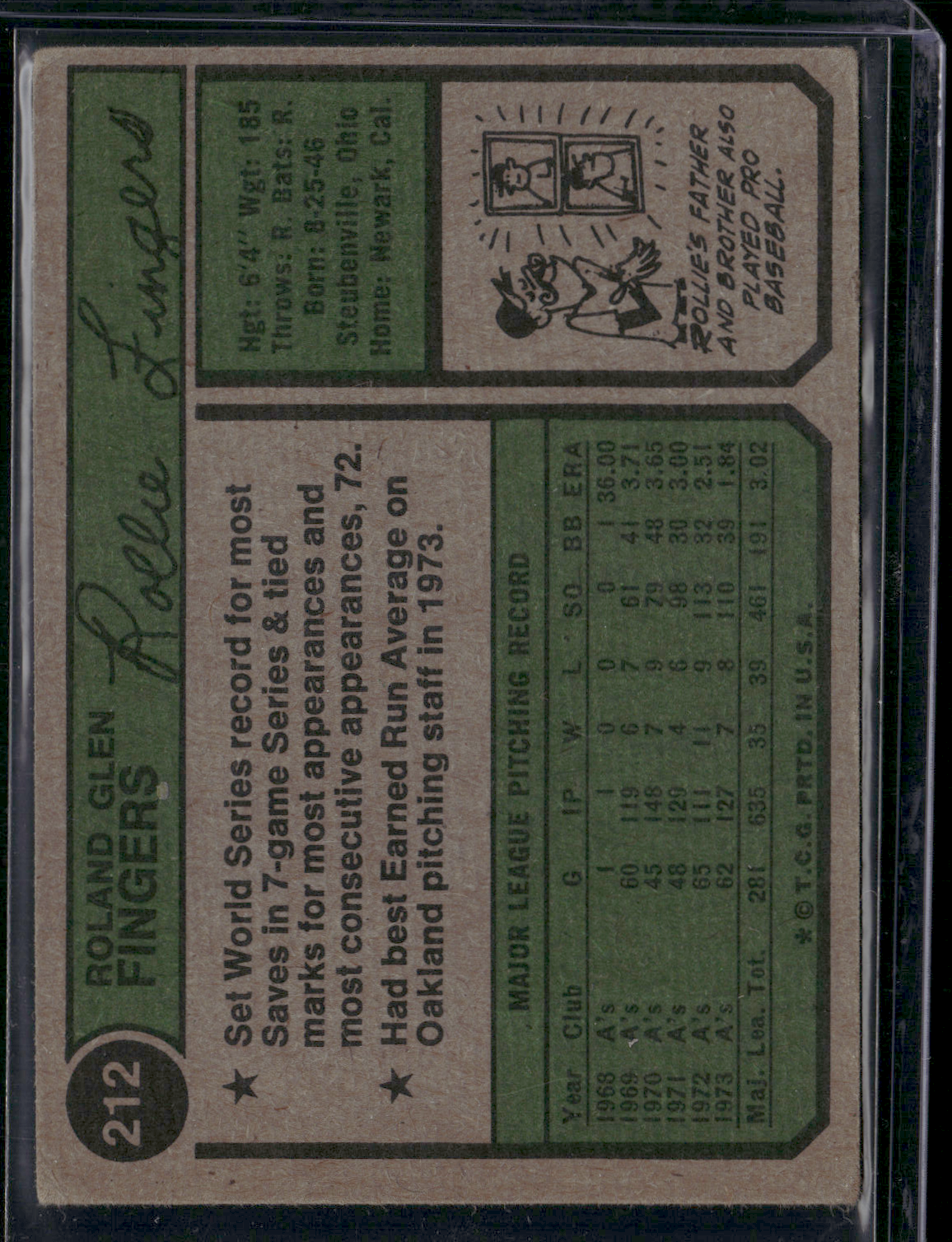 1974 Topps ROLLIE FINGERS #212 Light Wrinkle (VG)