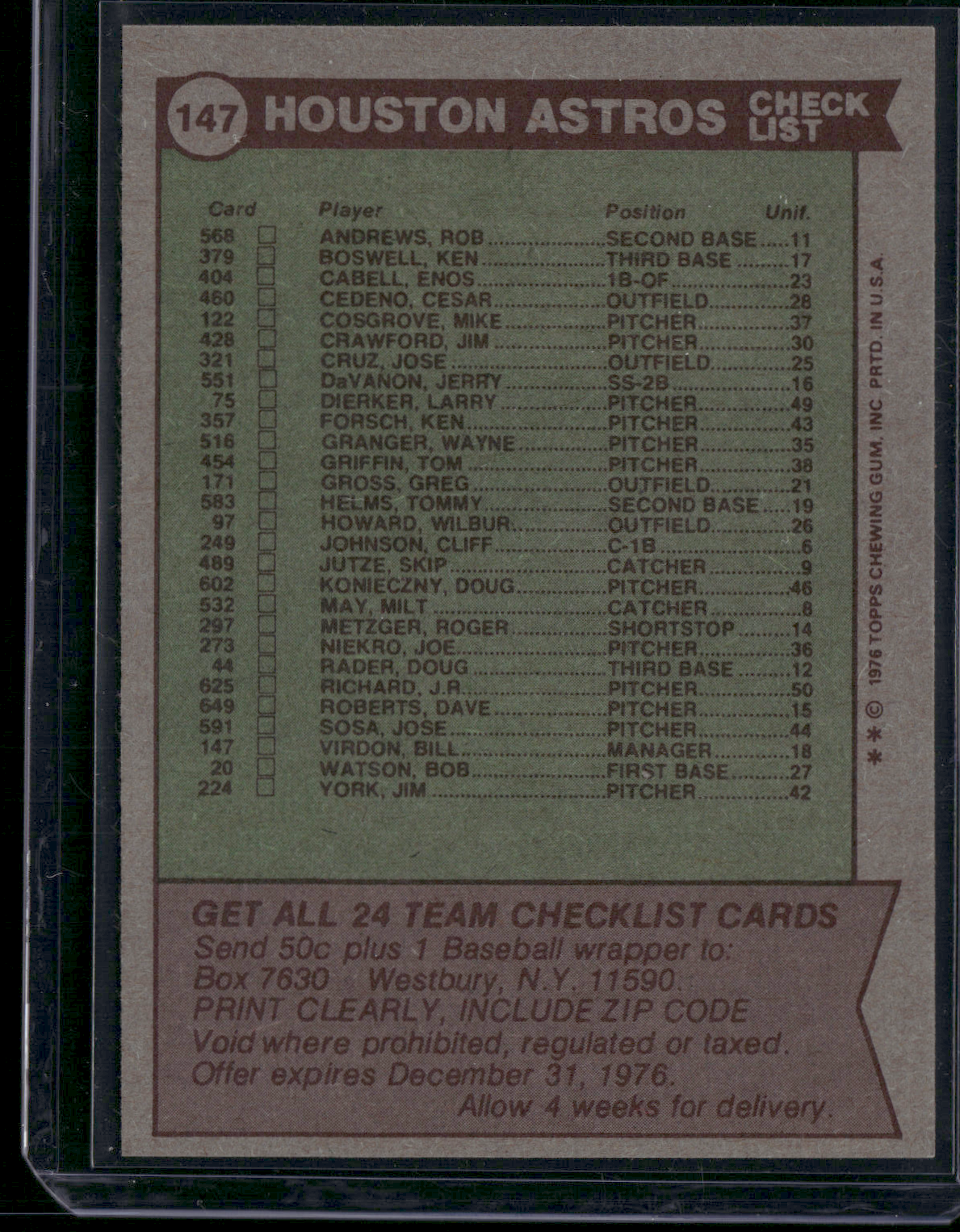 1976 Topps HOUSTON ASTROS #147 (EX-EX/MT)