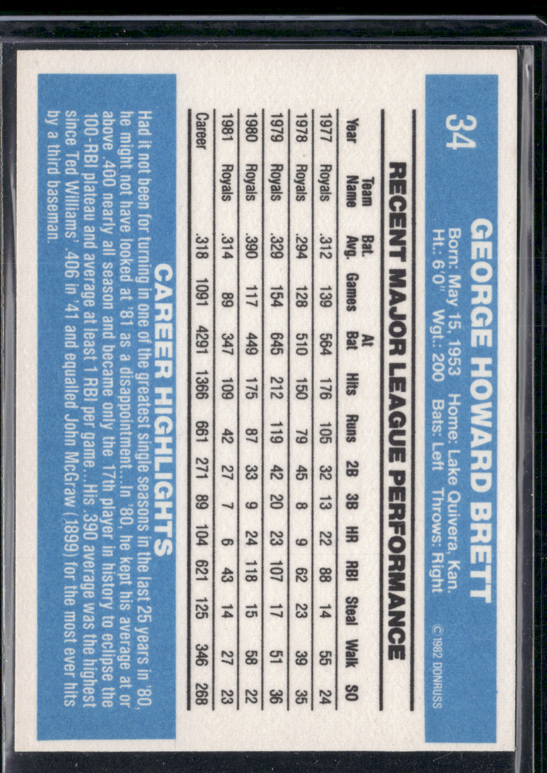 1982 Donruss GEORGE BRETT #34 (NM)