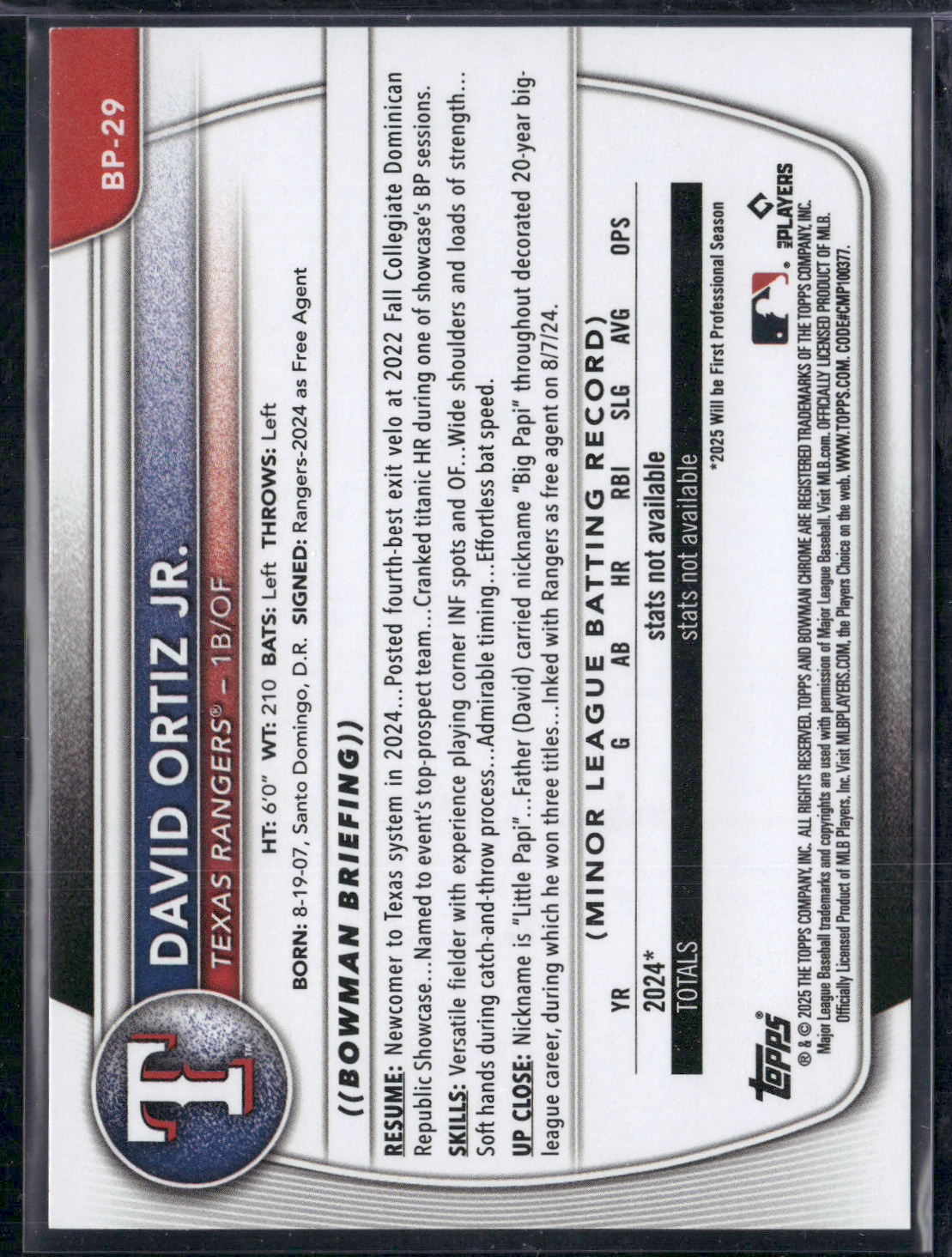 2025 Bowman DAVID ORTIZ JR #BP-29 1st Bowman