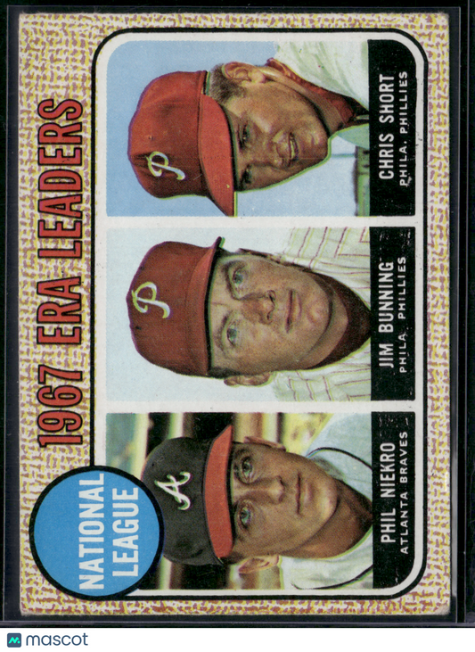 1968 Topps PHIL NIEKRO/JIM BUNNING/CHRIS SHORT #7 1967 NL ERA Leaders (Good-VG)