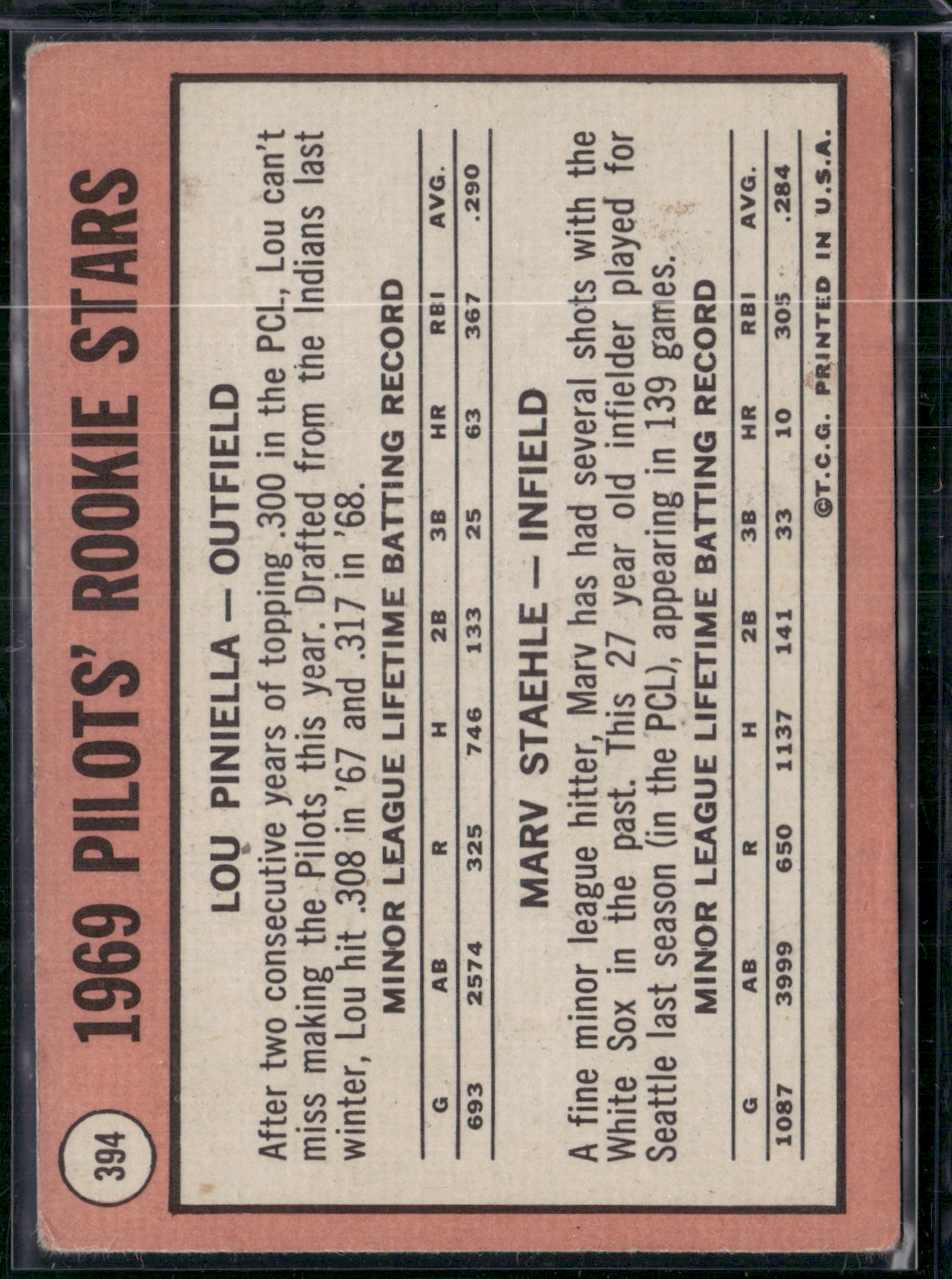 1969 Topps LOU PINIELLA/MARV STAEHLE #394 1969 Pilots Rookie Stars (VG-VG/EX)