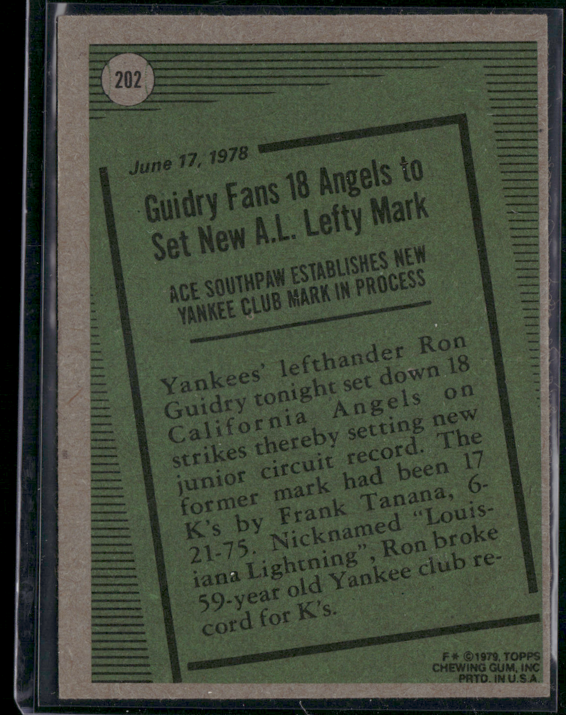 1979 Topps RON GUIDRY #202 1978 Record Breaker (VG/EX-EX)