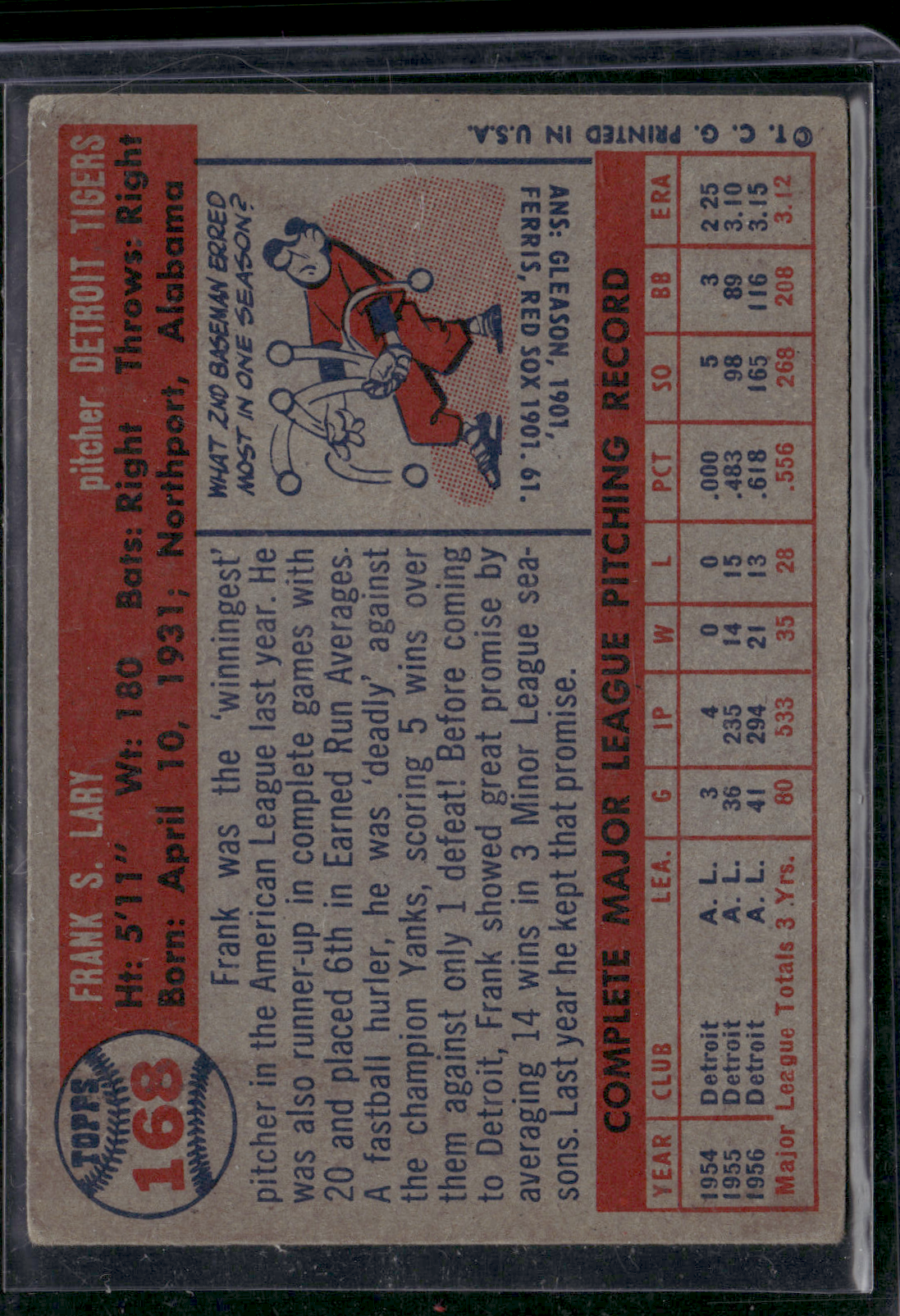 1957 Topps FRANK LARY #168 Light Scratches (VG)