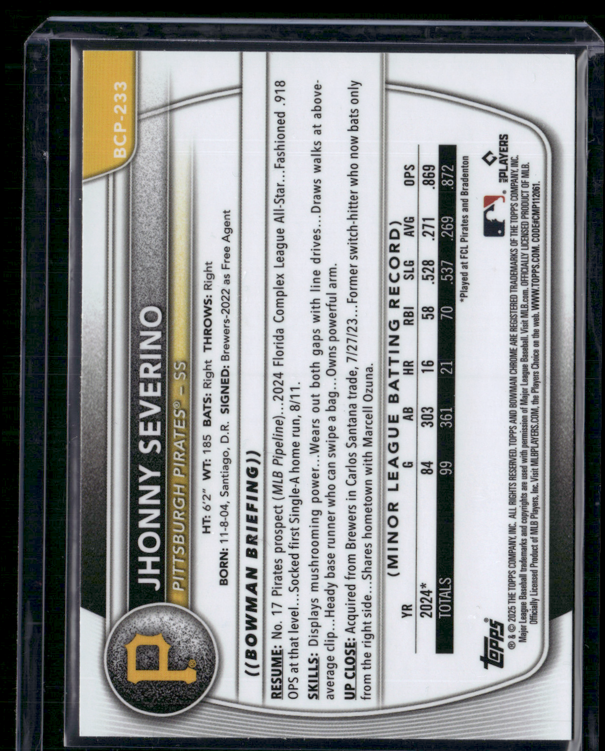 2025 Bowman Chrome JHONNY SEVERINO #BCP-233 Chrome 1st Bowman