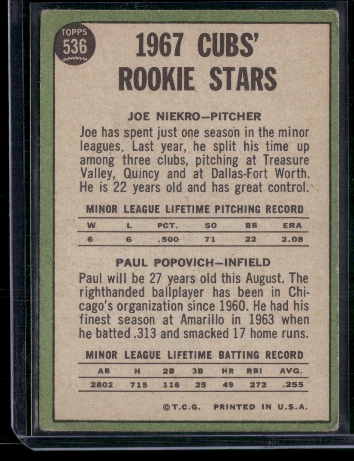 1967 Topps JOE NIEKRO/PAUL POPOVICH #536 1967 Cubs Rookie Stars Wax Stain (VG)