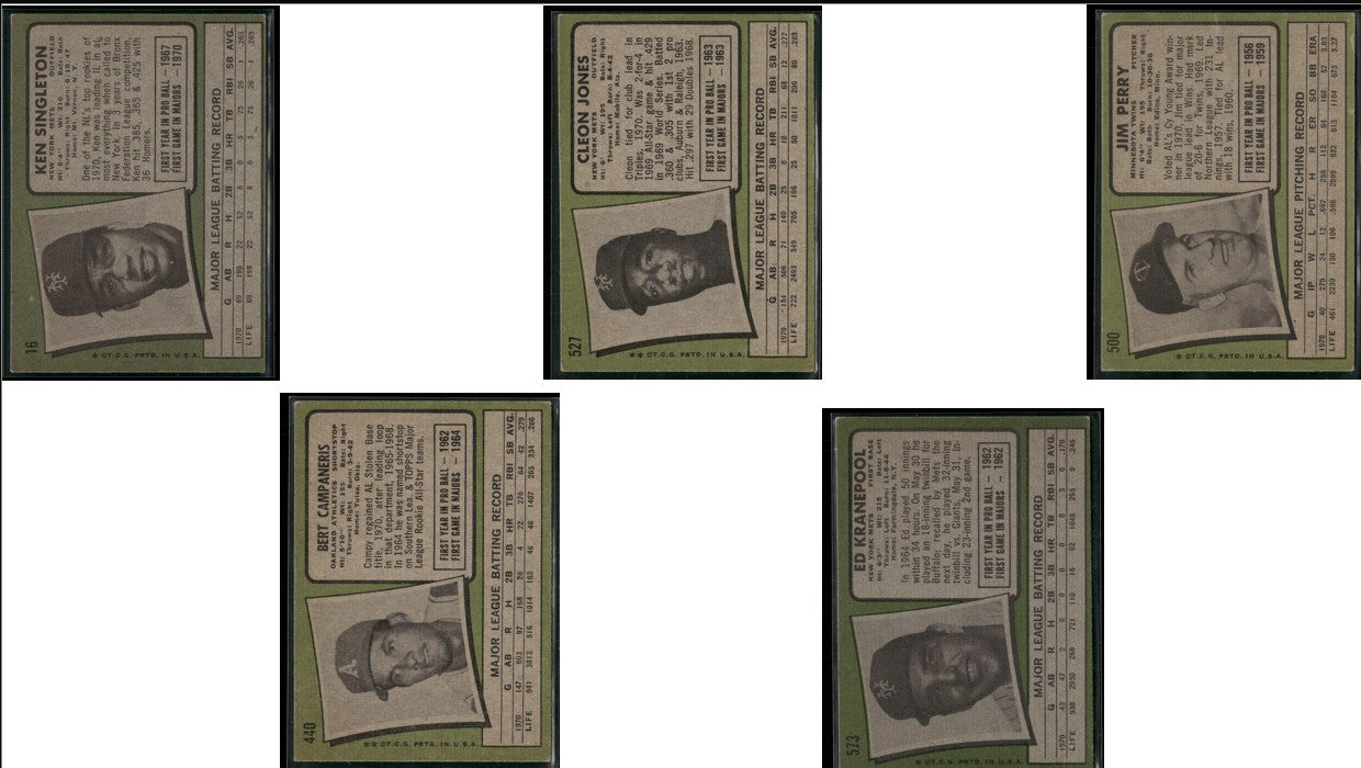 1971 Topps 5 CARDLOT Ken Singleton/Ed Kranepool (Good-VG)