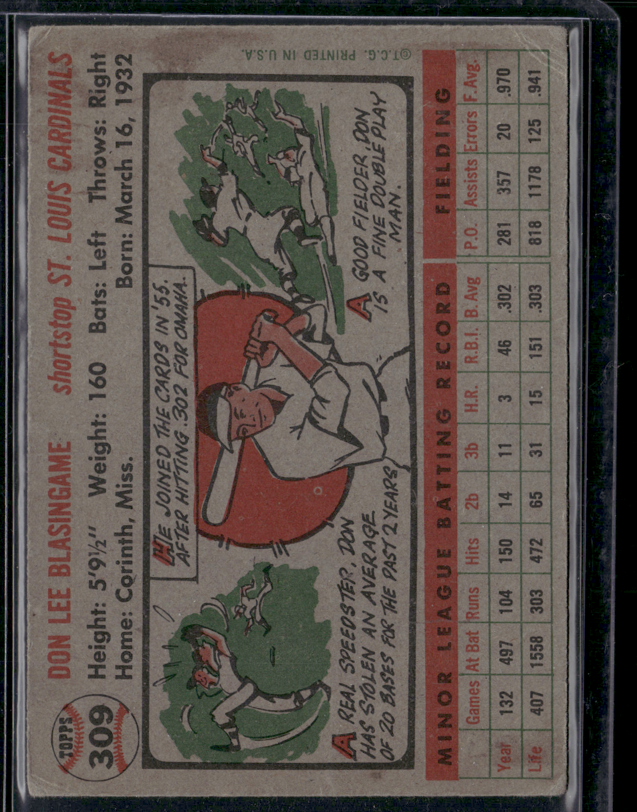 1956 Topps DON BLASINGAME #309 Wrinkles