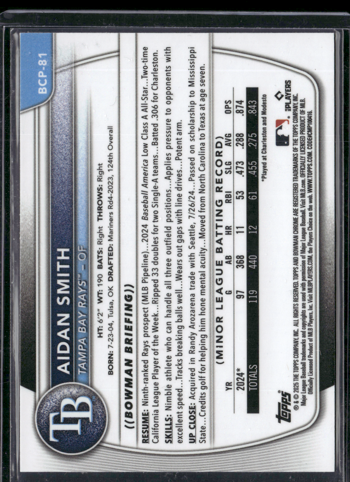 2025 Bowman AIDAN SMITH #BCP-91 Blue Xfractor 096/150