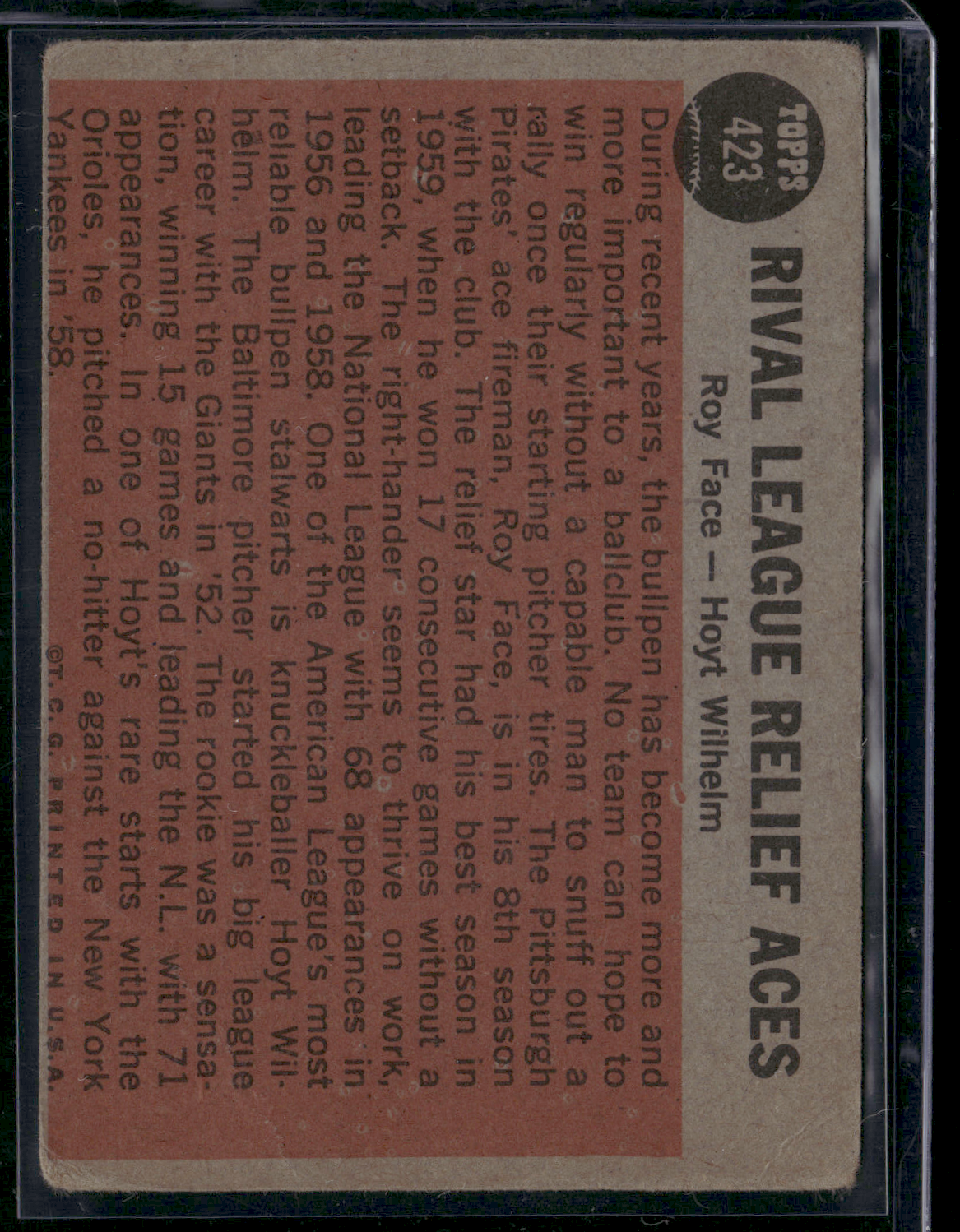 1962 Topps ROY FACE/HOYT WILHELM #423 Rival League Relief Aces