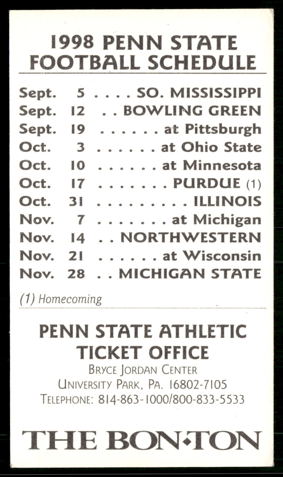 1998 Athlecic Office PENN STATE FOOTBALL SCHEDULE (NM)
