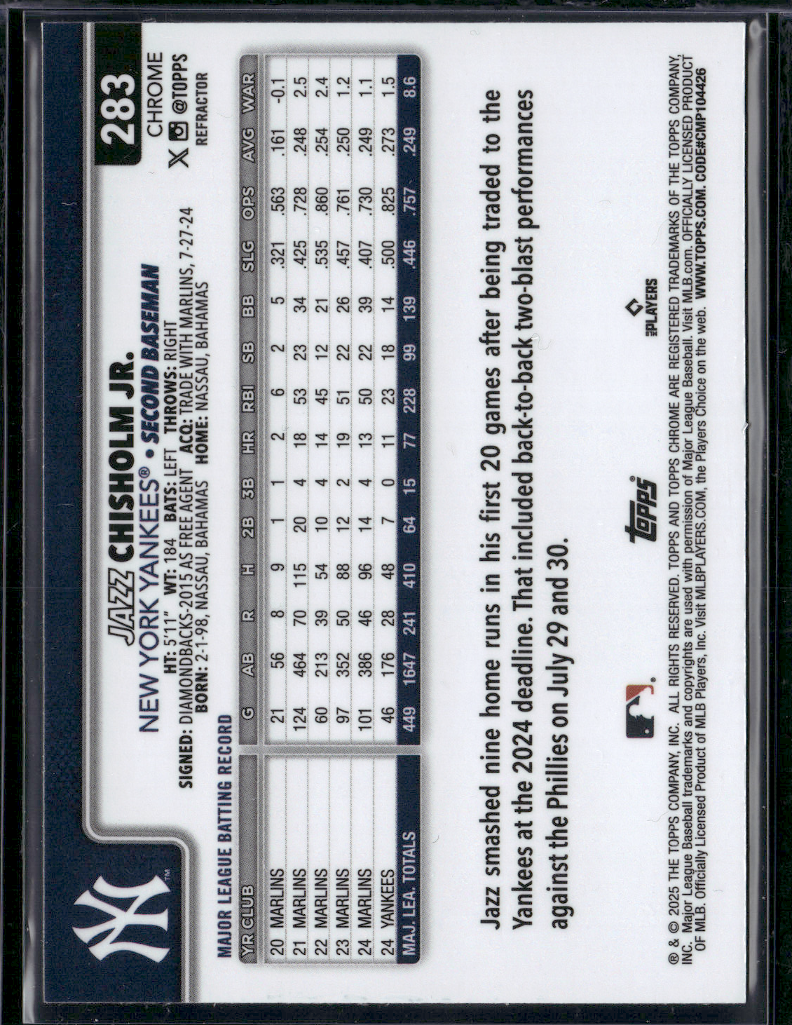 2025 Topps Chrome JAZZ CHISHOLM JR. #283 Rainbow Refractor