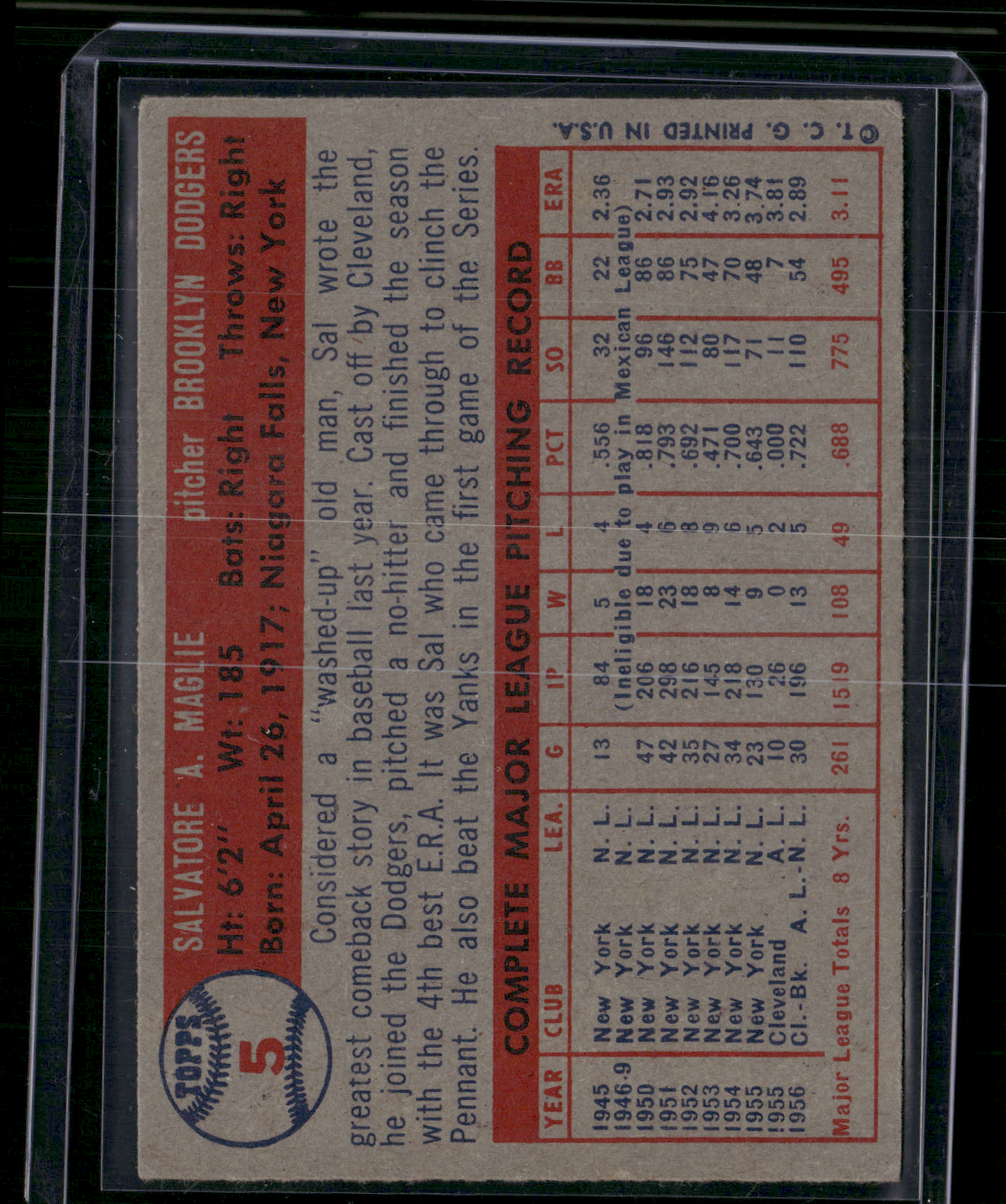 1957 Topps SAL MAGLIE #5 Surface Dimple (VG/EX-EX)