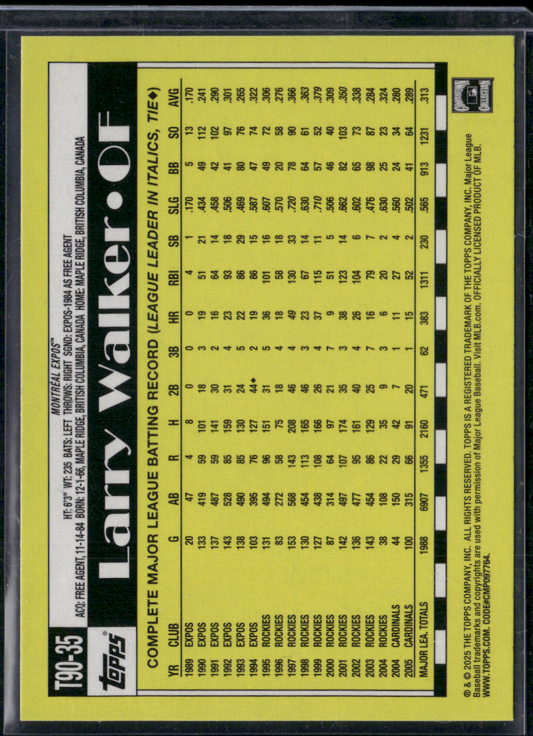 2025 Topps Series 1 LARRY WALKER #T90-35 1990