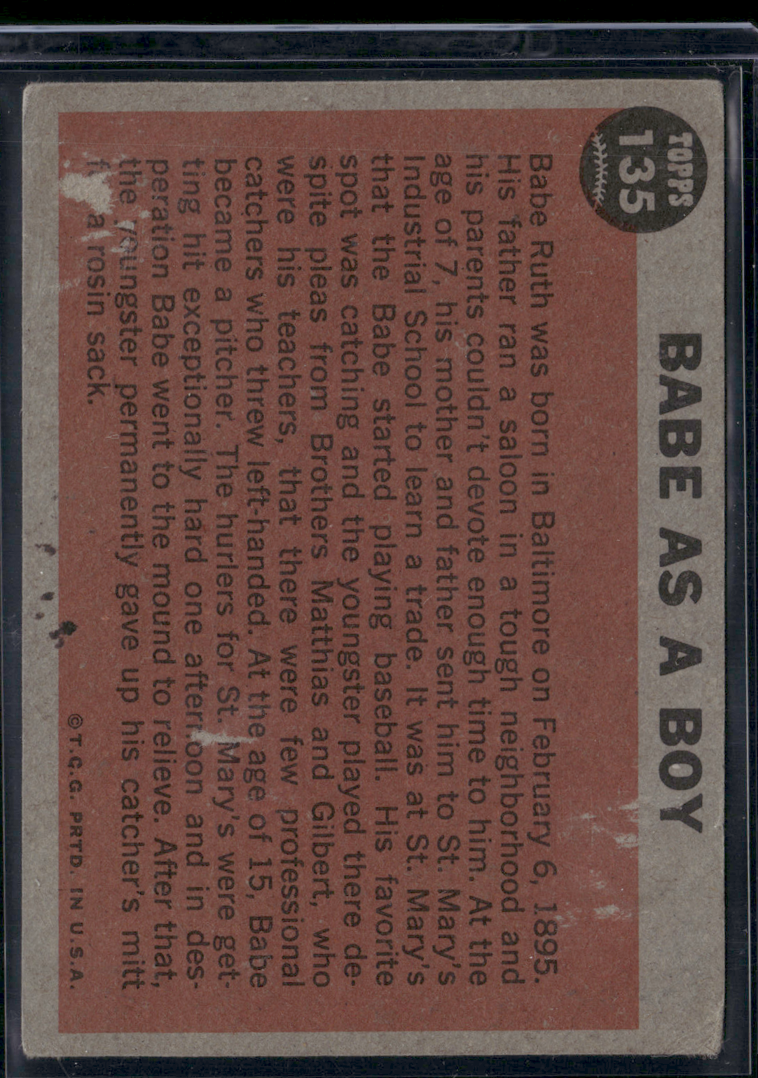 1962 Topps BABE RUTH #135 Babe As A Boy Paper Loss on Back (Fair)