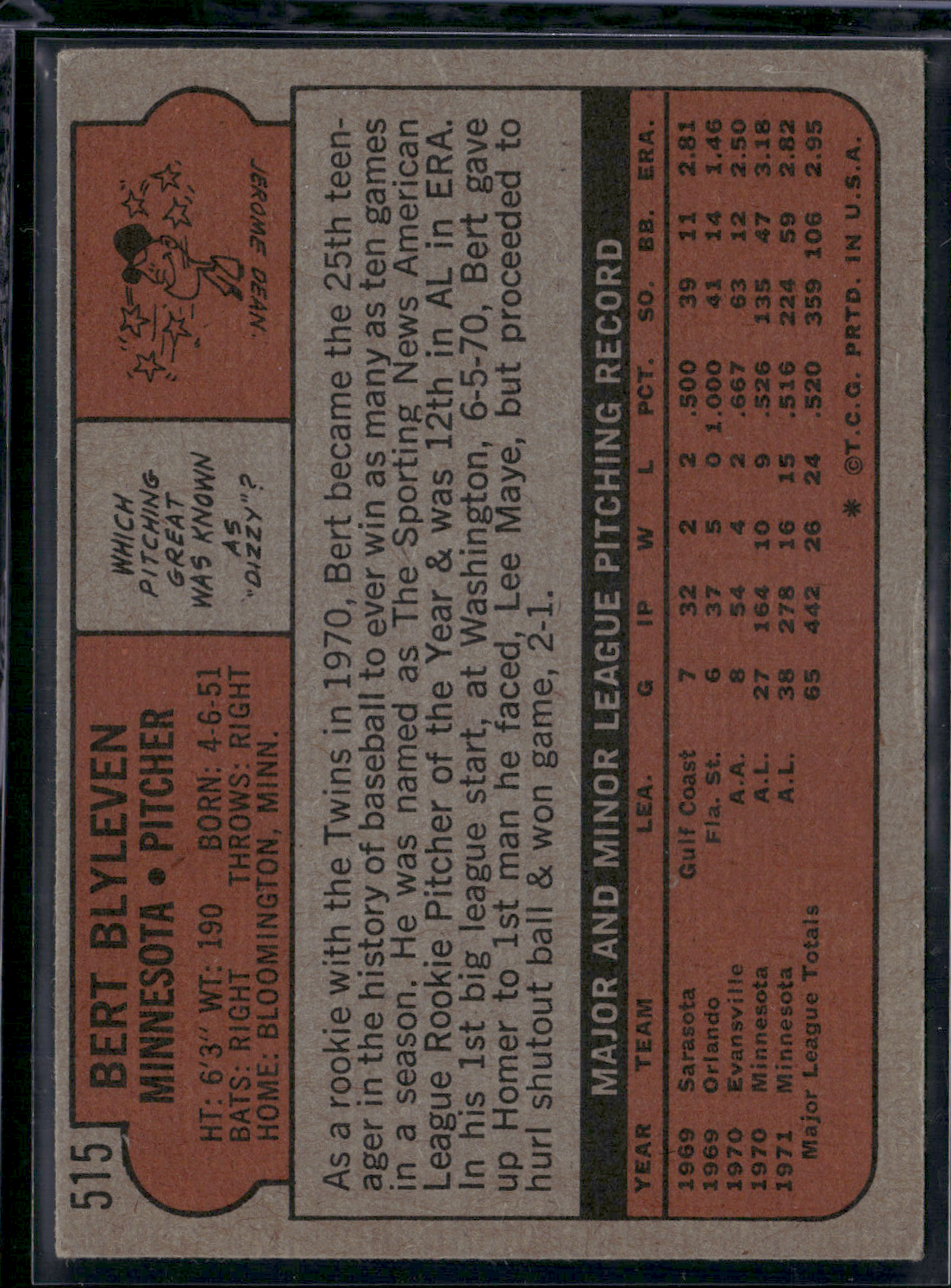 1972 Topps BERT BLYLEVEN #515