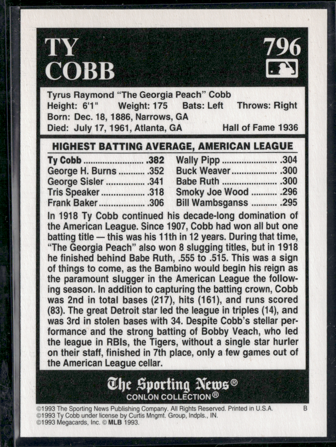 1993 Conlon Collection TY COBB #796 (EX)