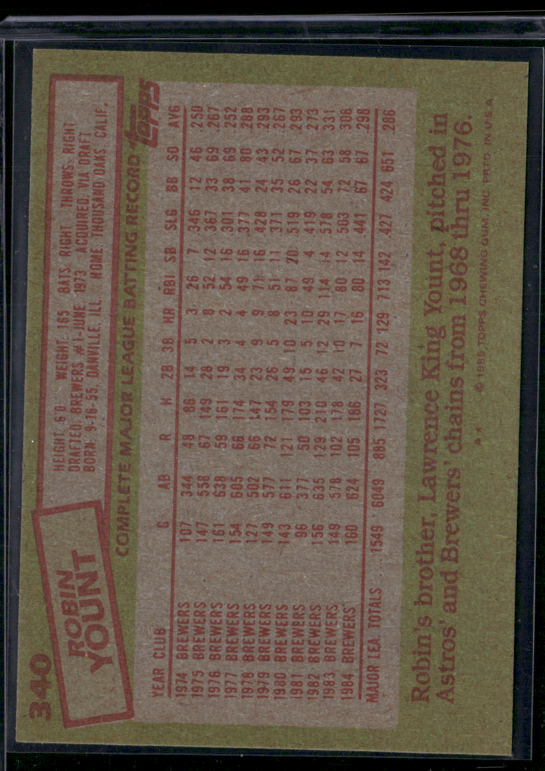 1985 Topps ROBIN YOUNT #340 (NM)