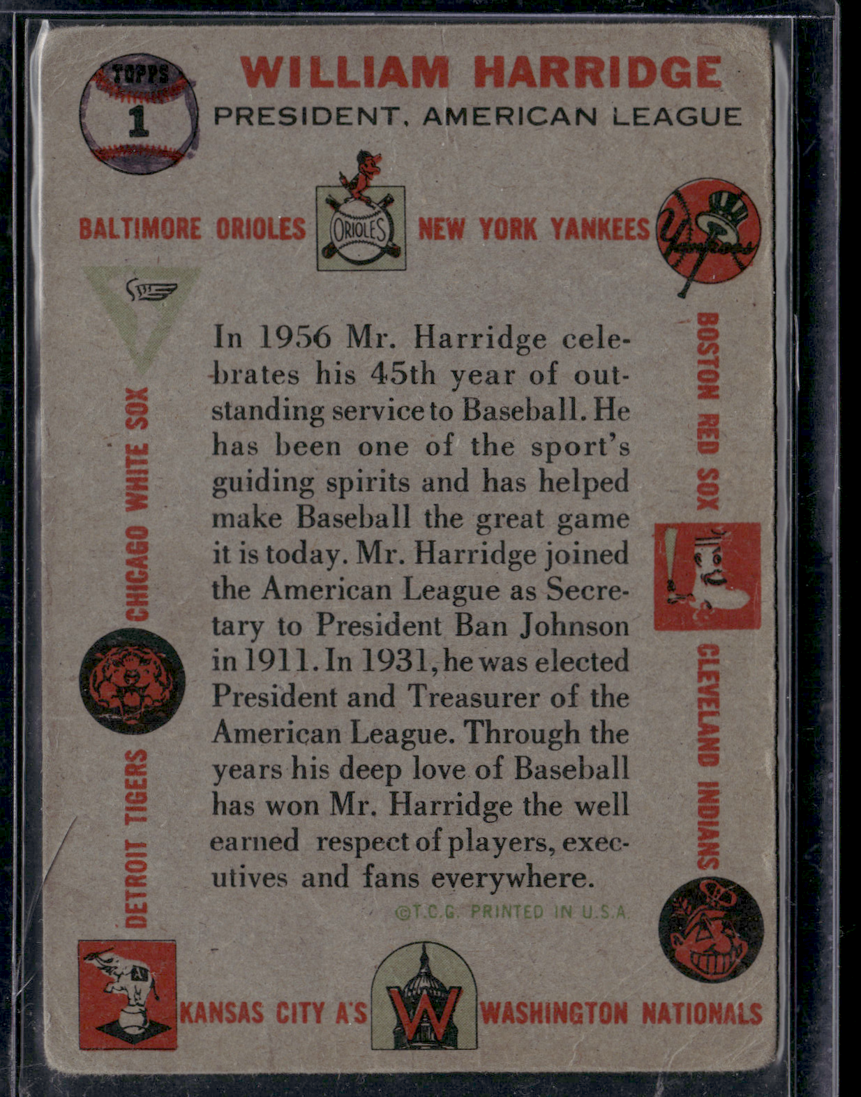 1956 Topps WILLIAM HARRIDGE #1 AL President