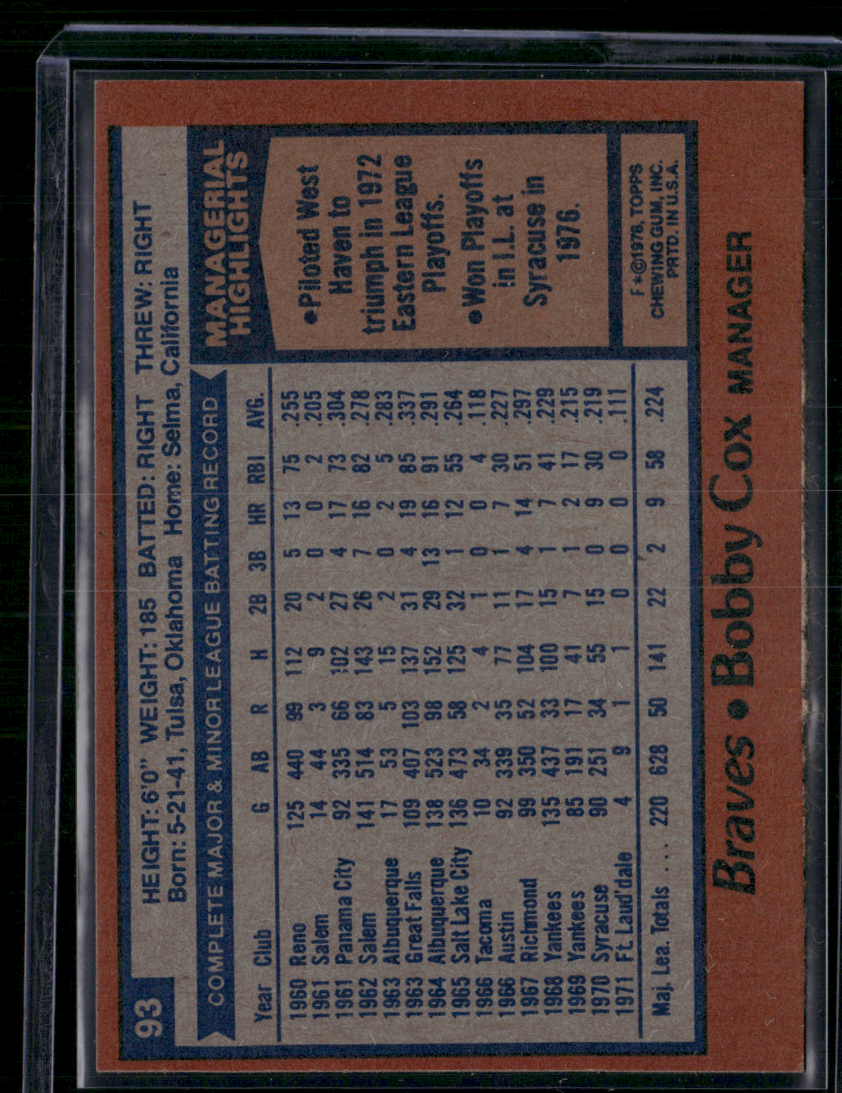 1978 Topps BOBBY COX #93 Rough Edge Cut (EX)