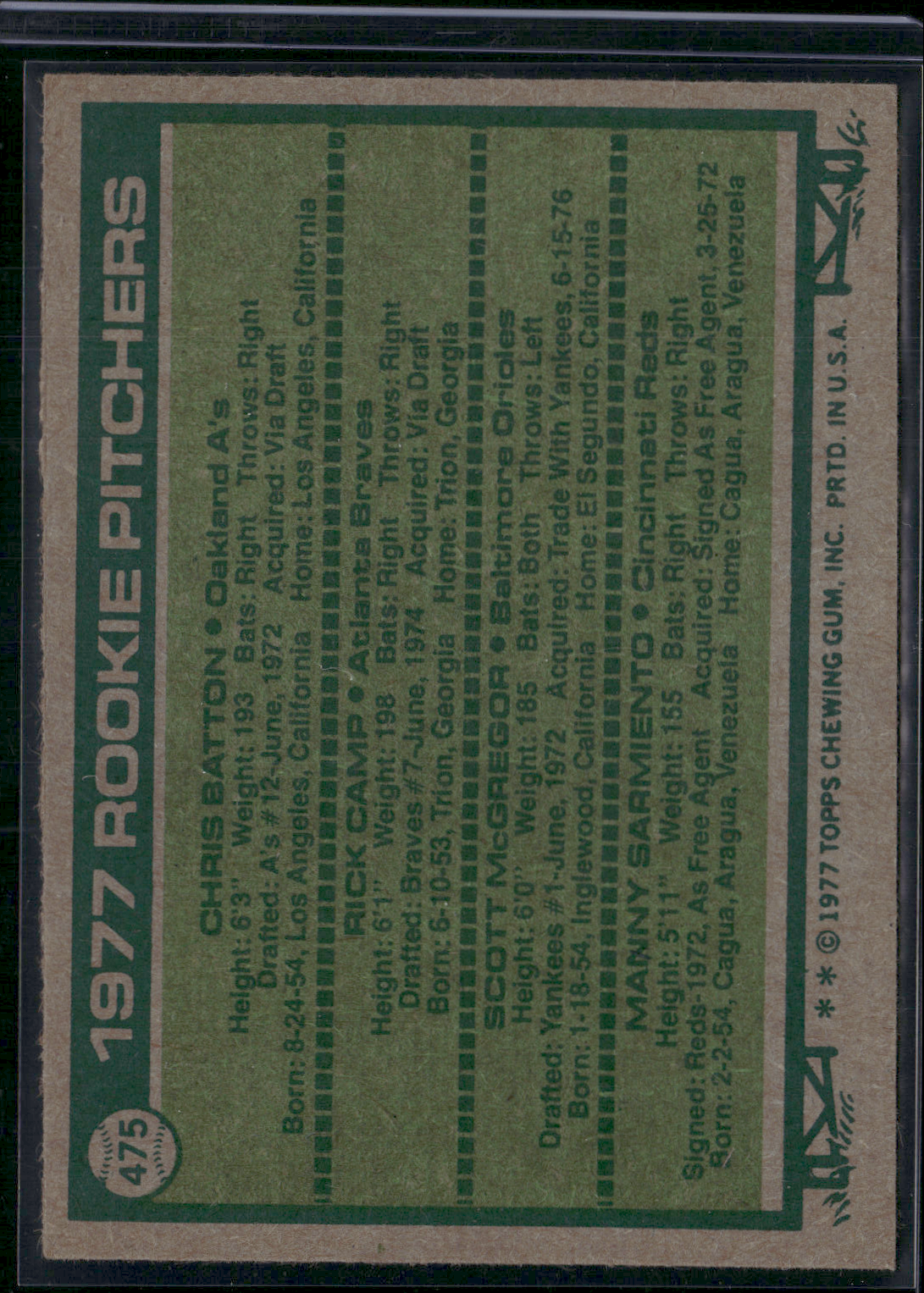 1977 Topps SCOTT MCGREGOR/BATTON/CAMP/SARMIENTO #475 1977 Rookie Pitchers (EX)